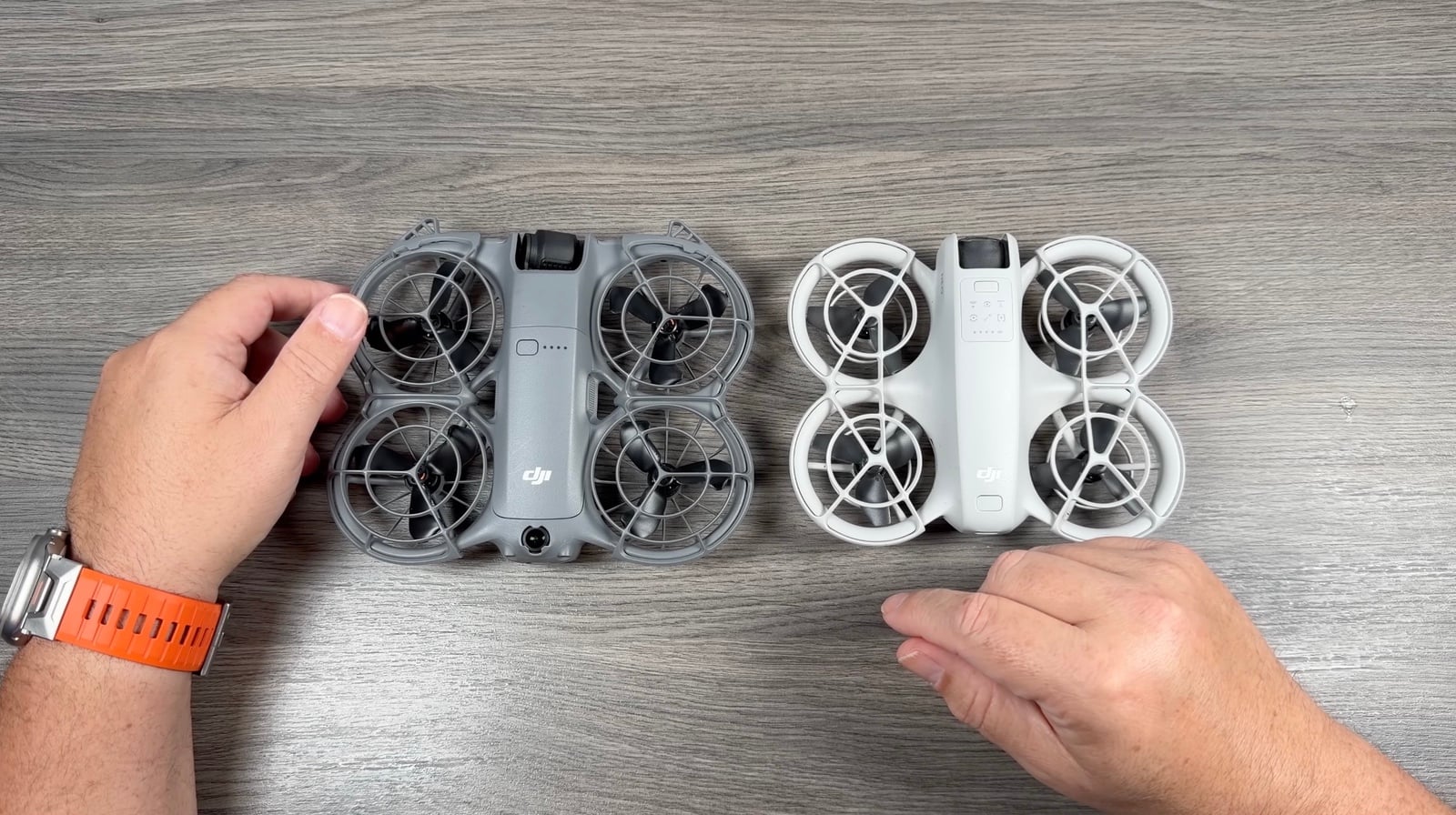 DJI Neo 2 and the original Neo side by side to compare size.