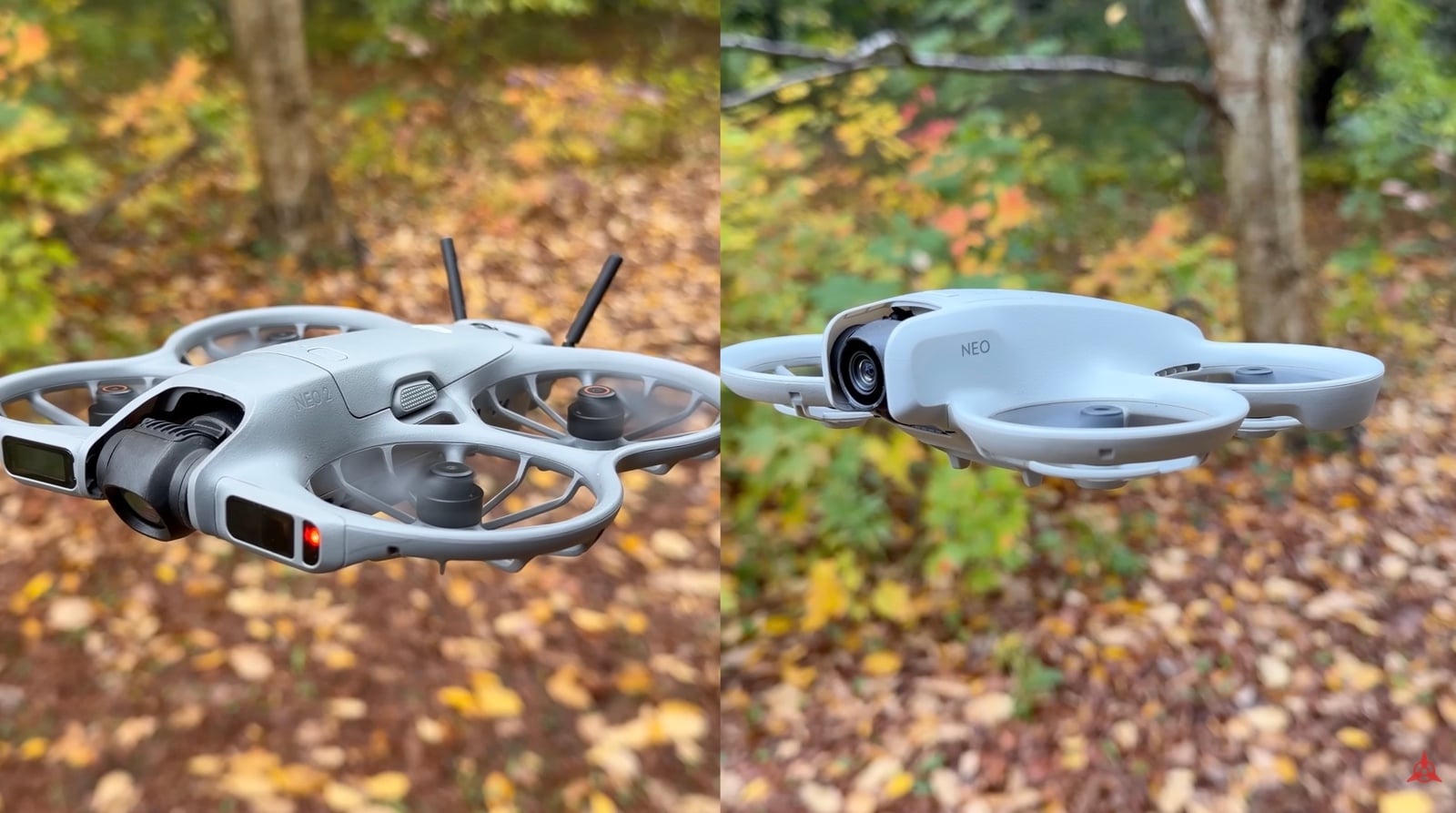 Both Neo drones hovering in wind, with the original Neo drifting more.