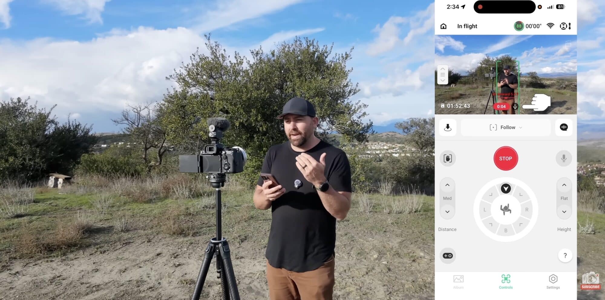 A filmmaker talks beside a tripod-mounted camera while the app screen shows follow mode.