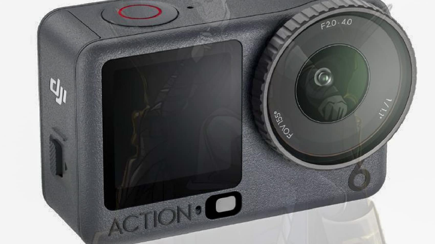 Product render of the DJI Osmo Action 6 showing its F2.0-4.0 variable aperture lens.