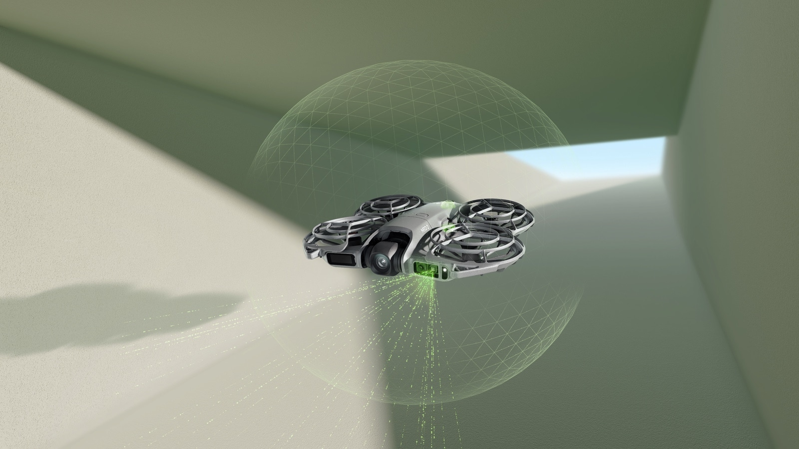 Forward LiDAR and omnidirectional vision sensors ringing the DJI Neo 2 body.
