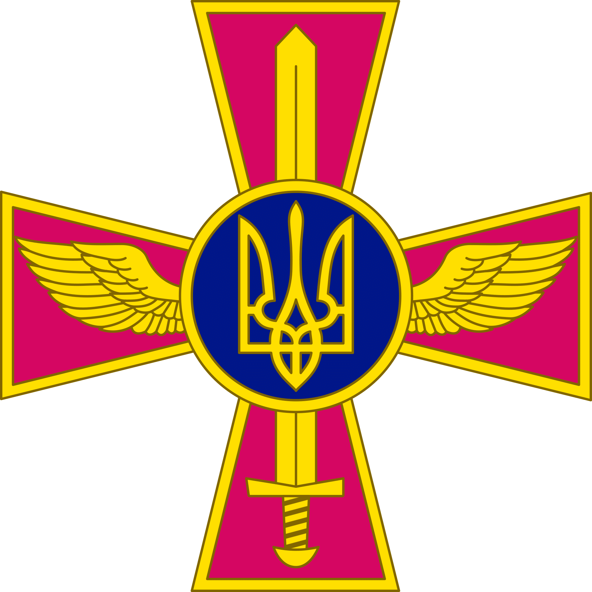 Emblem of the Ukrainian Air Force with winged cross, trident, and gold sword.