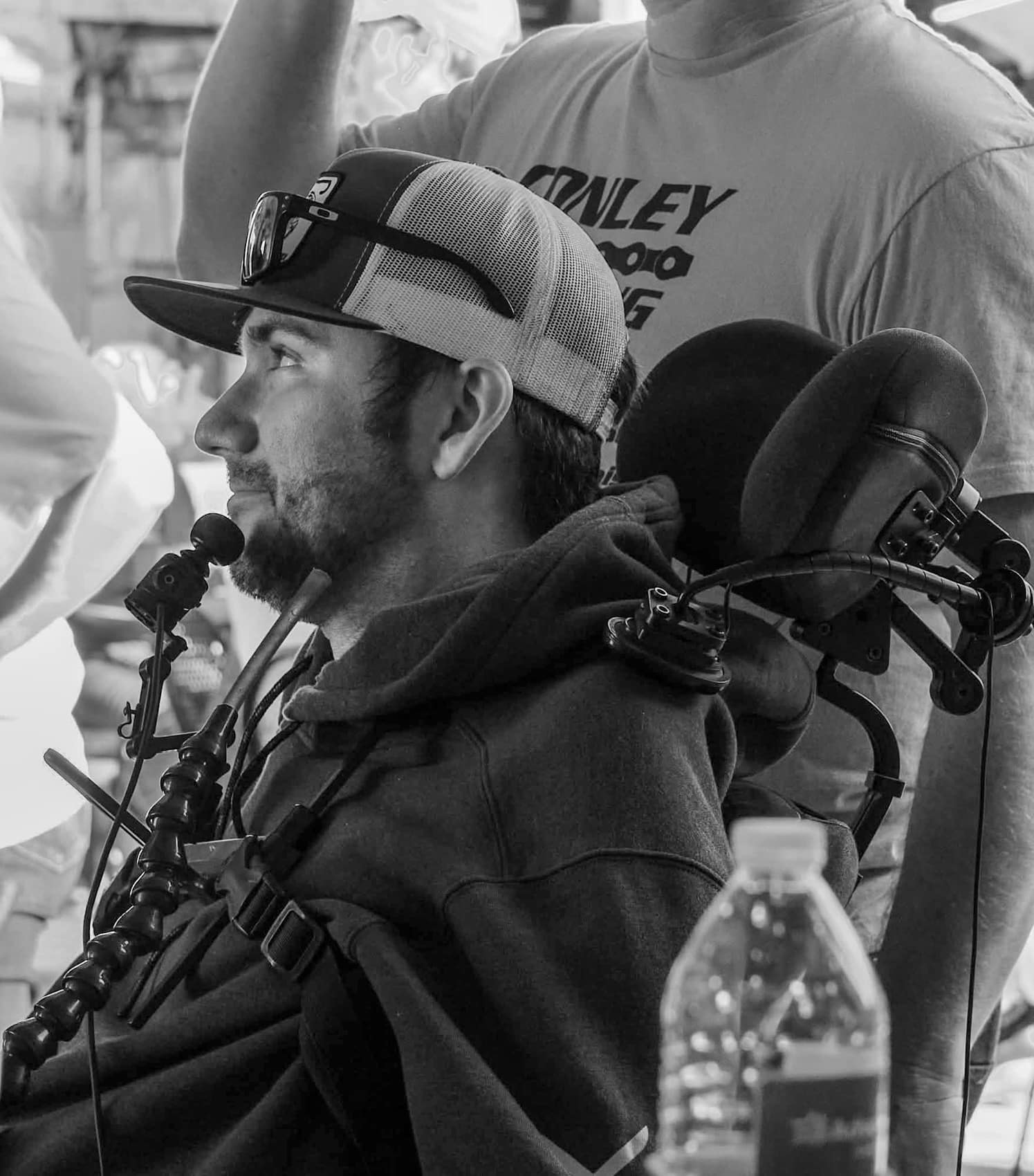 Alex Conley in his electric wheelchair, the second person to receive a Neuralink implant.