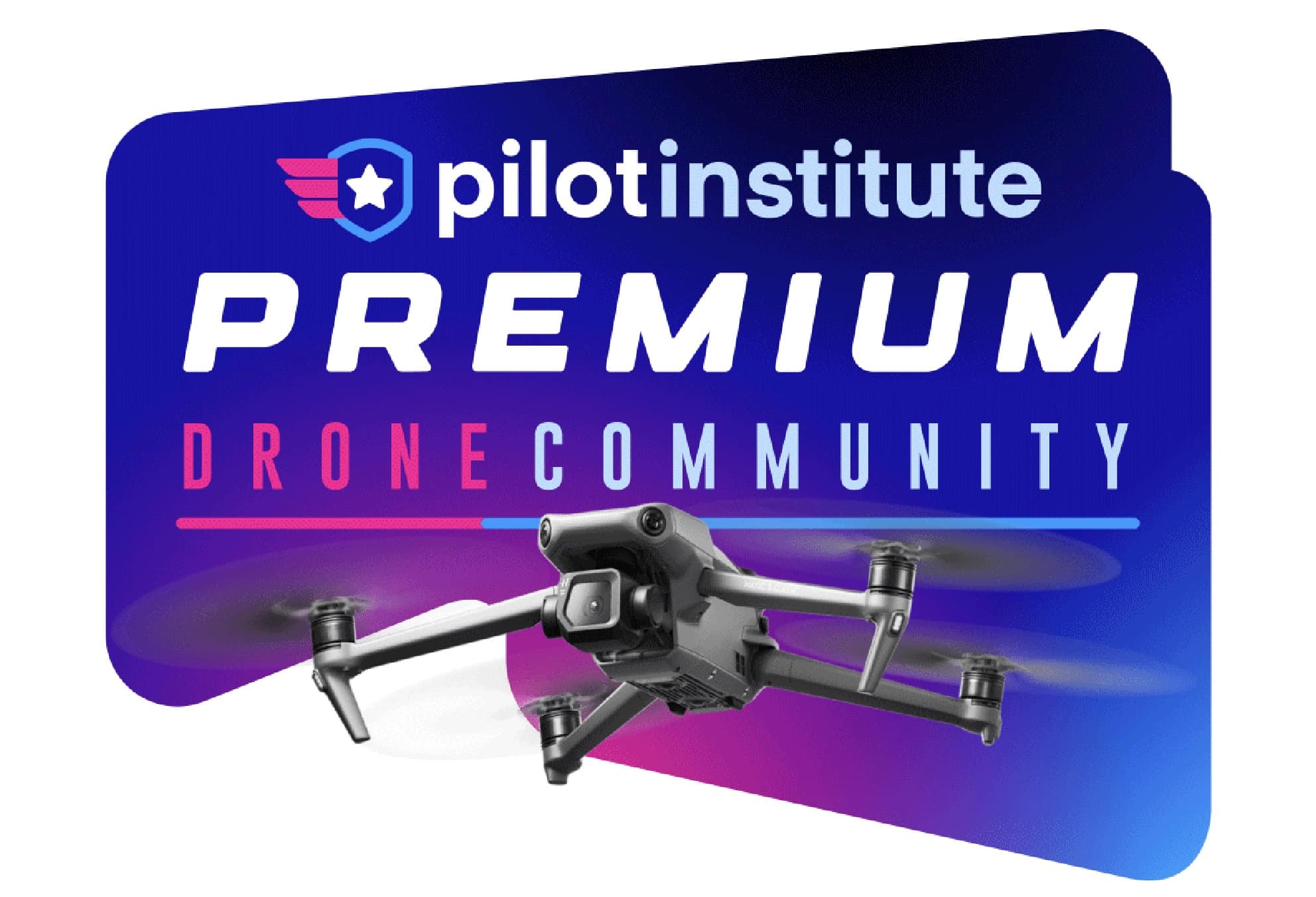 Pilot Institute Premium Drone Community graphic with a folding camera drone on a gradient card.