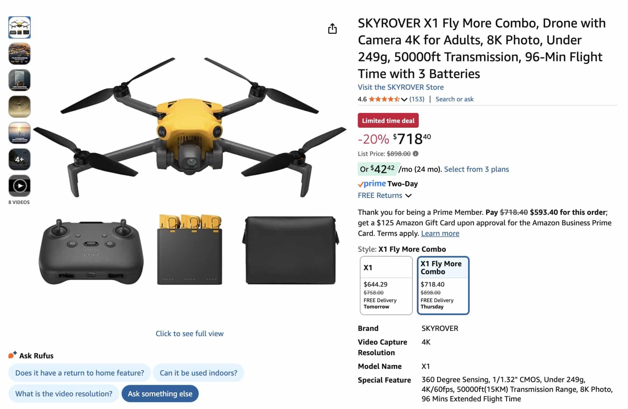 Screenshot of the Amazon listing for the yellow drone combo at $718.40.