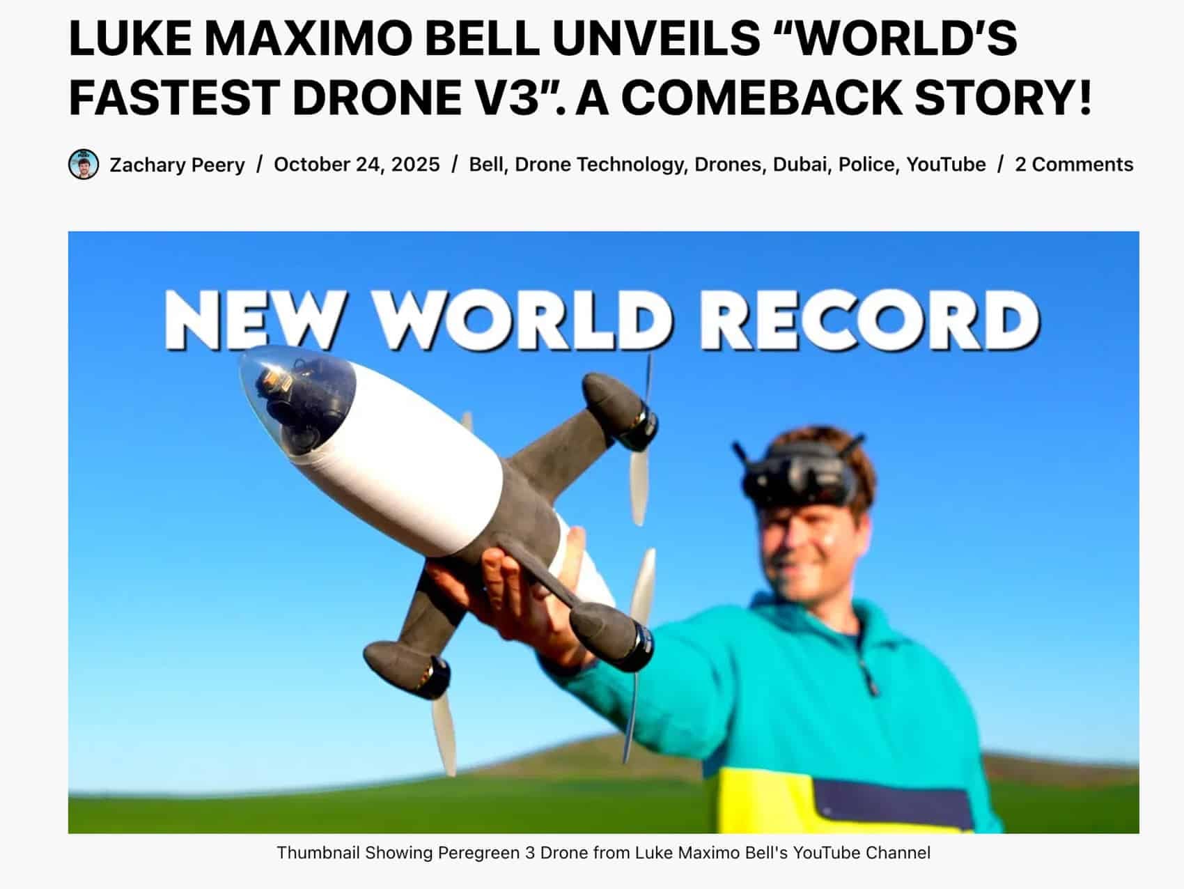 New FPV Drone Sets 603 km/h Speed Record