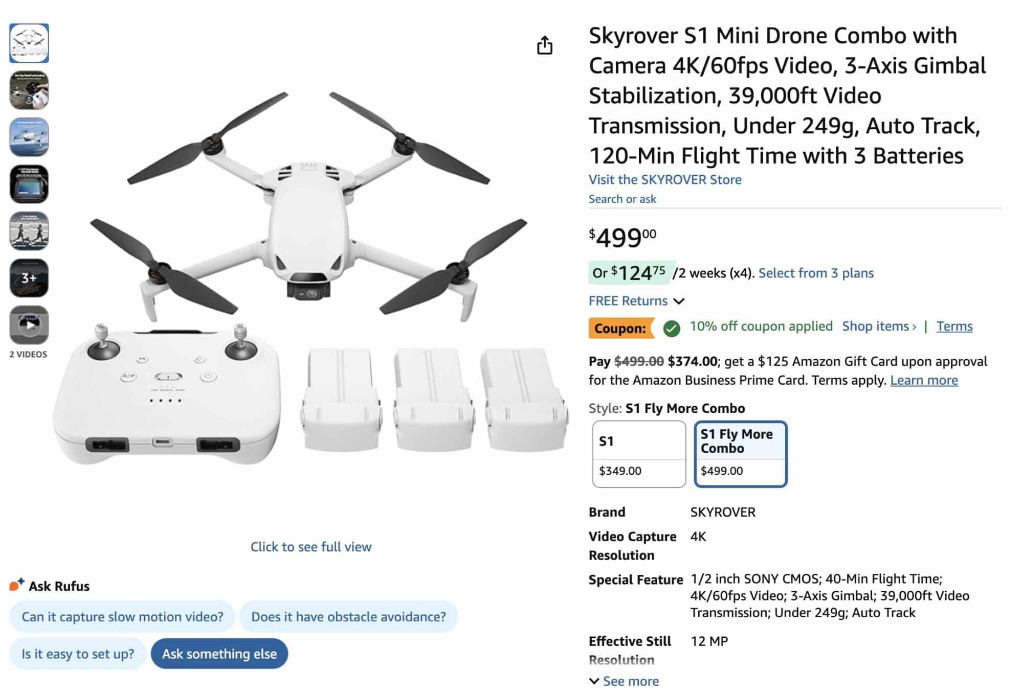 Screenshot of an Amazon listing for the Skyrover S1 Fly More Combo.