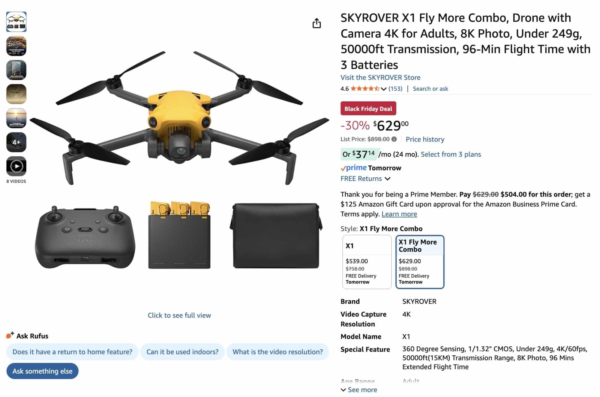 Screenshot of the Amazon listing for the yellow SkyRover X1 Fly More Combo at $629.