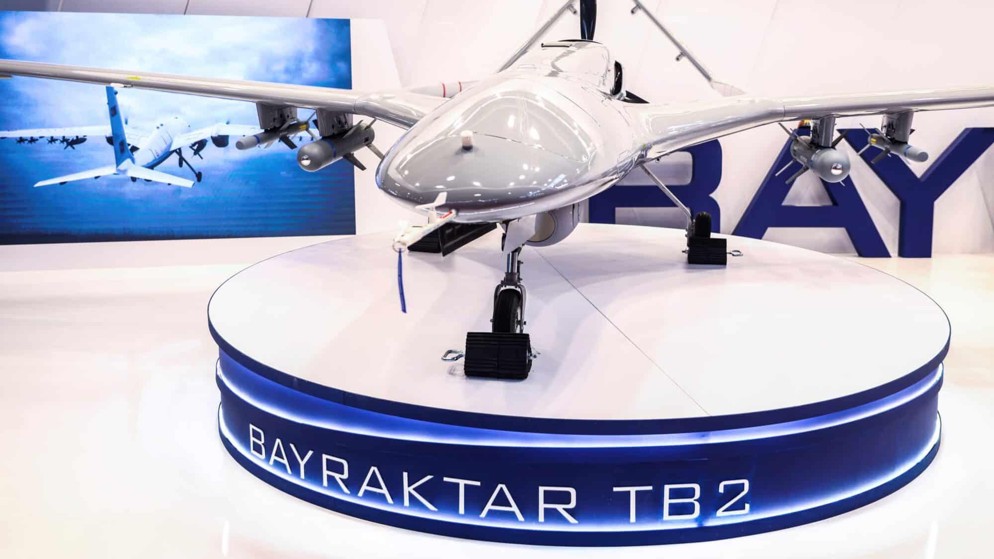 A Bayraktar TB-2 drone is seen at a defense industry exhibition in Kielce, Poland, Sept. 6, 2022 | Photo Credits: Beata Zawrzel for NurPhoto, via AP