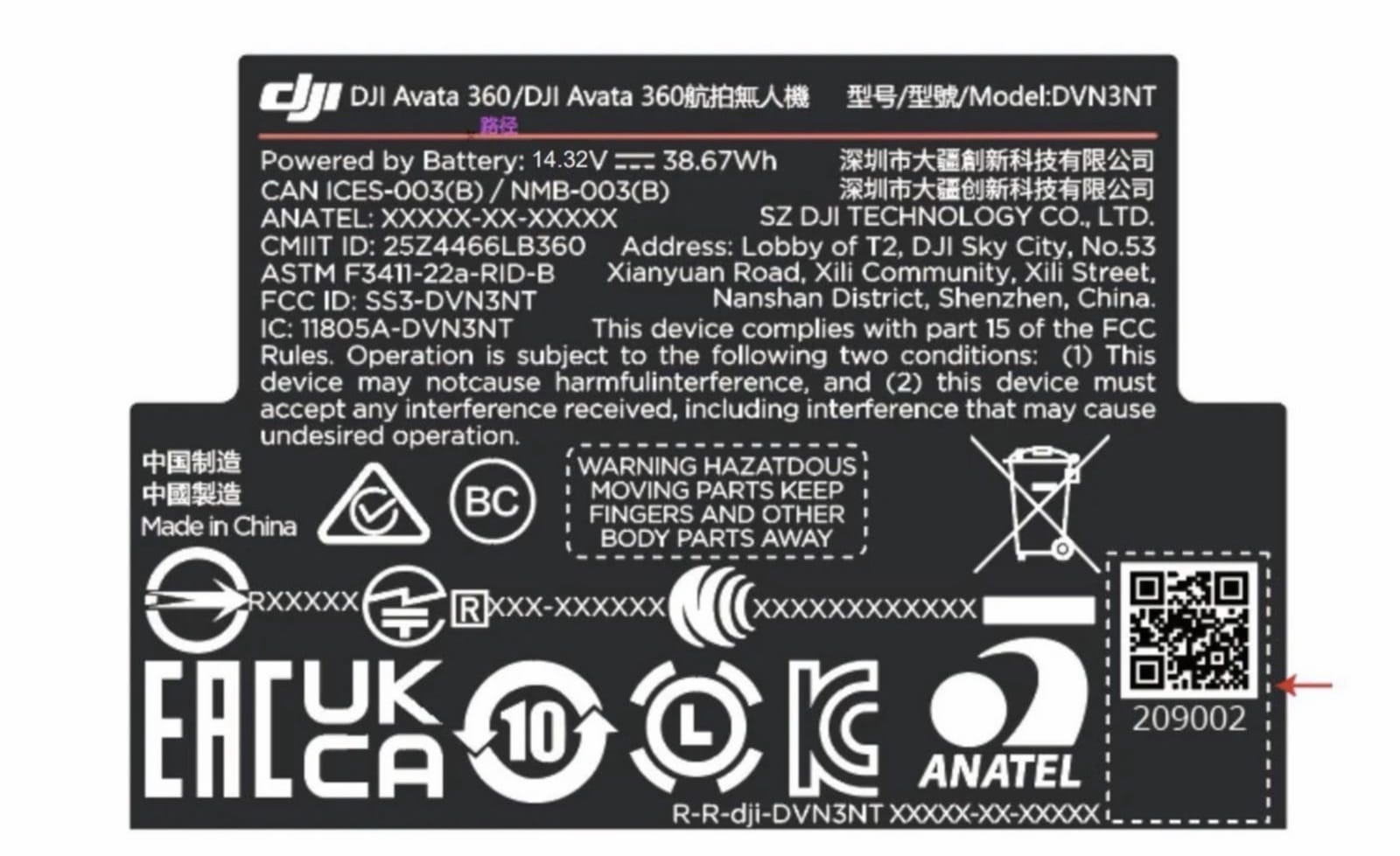The FCC compliance label for the Avata 360, listing model DVN3NT.