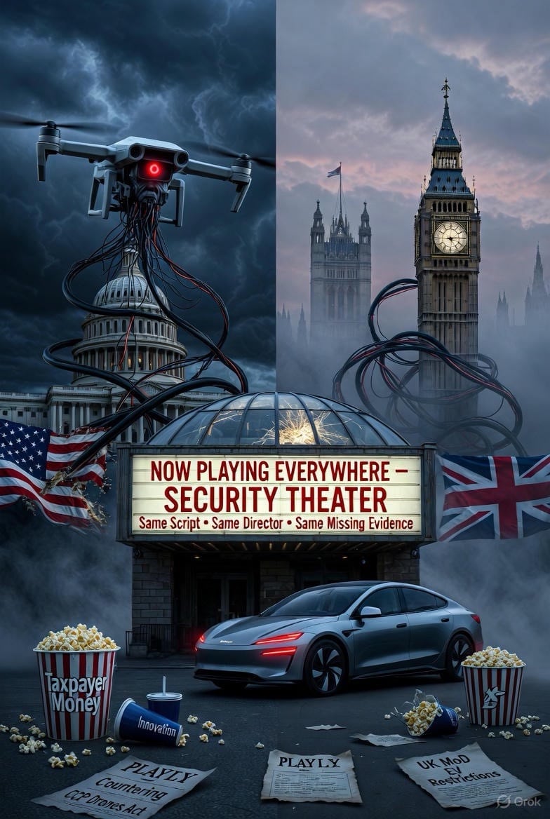 Montage of a red-eyed drone trailing cables above a silver sedan and flags.