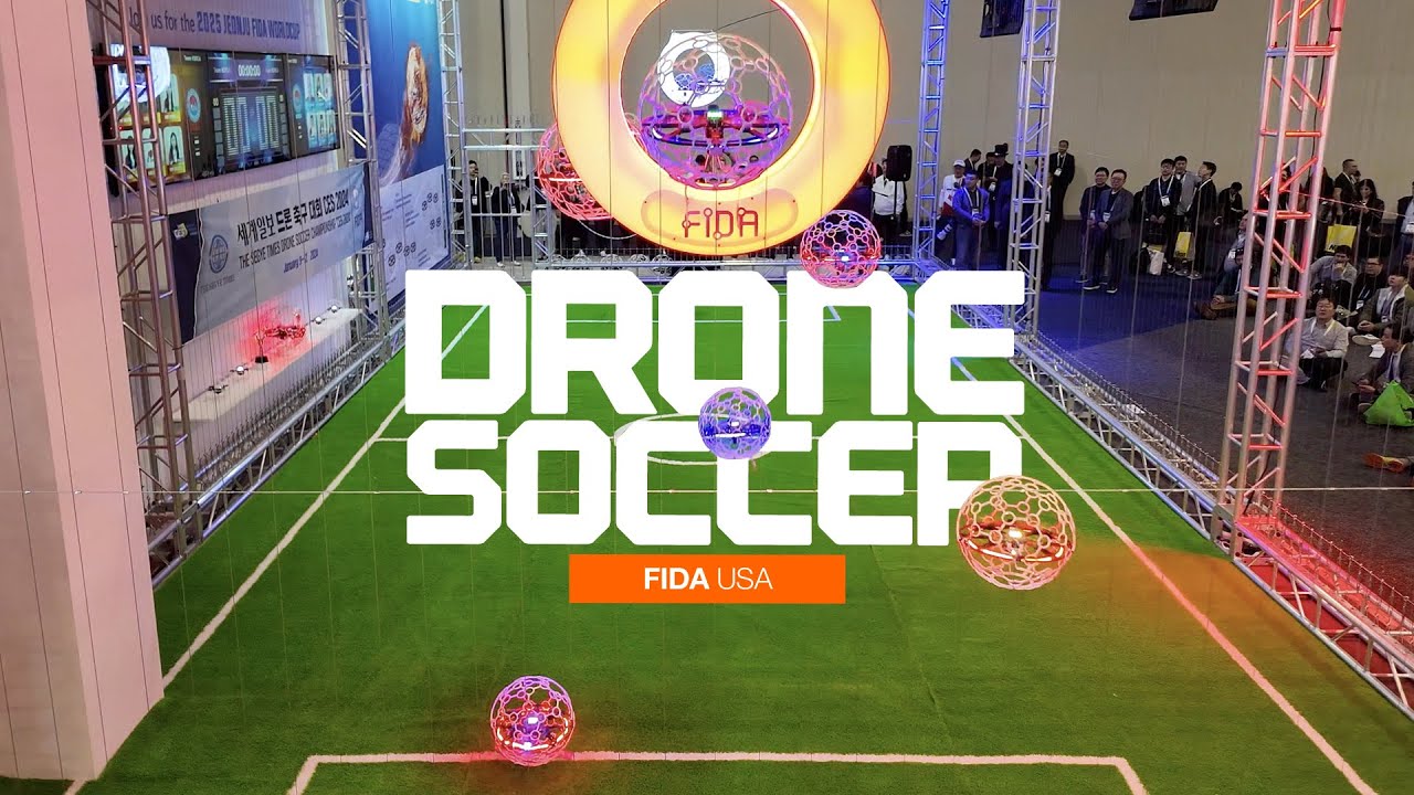 Glowing ball drones fly in a netted arena under a drone soccer graphic.