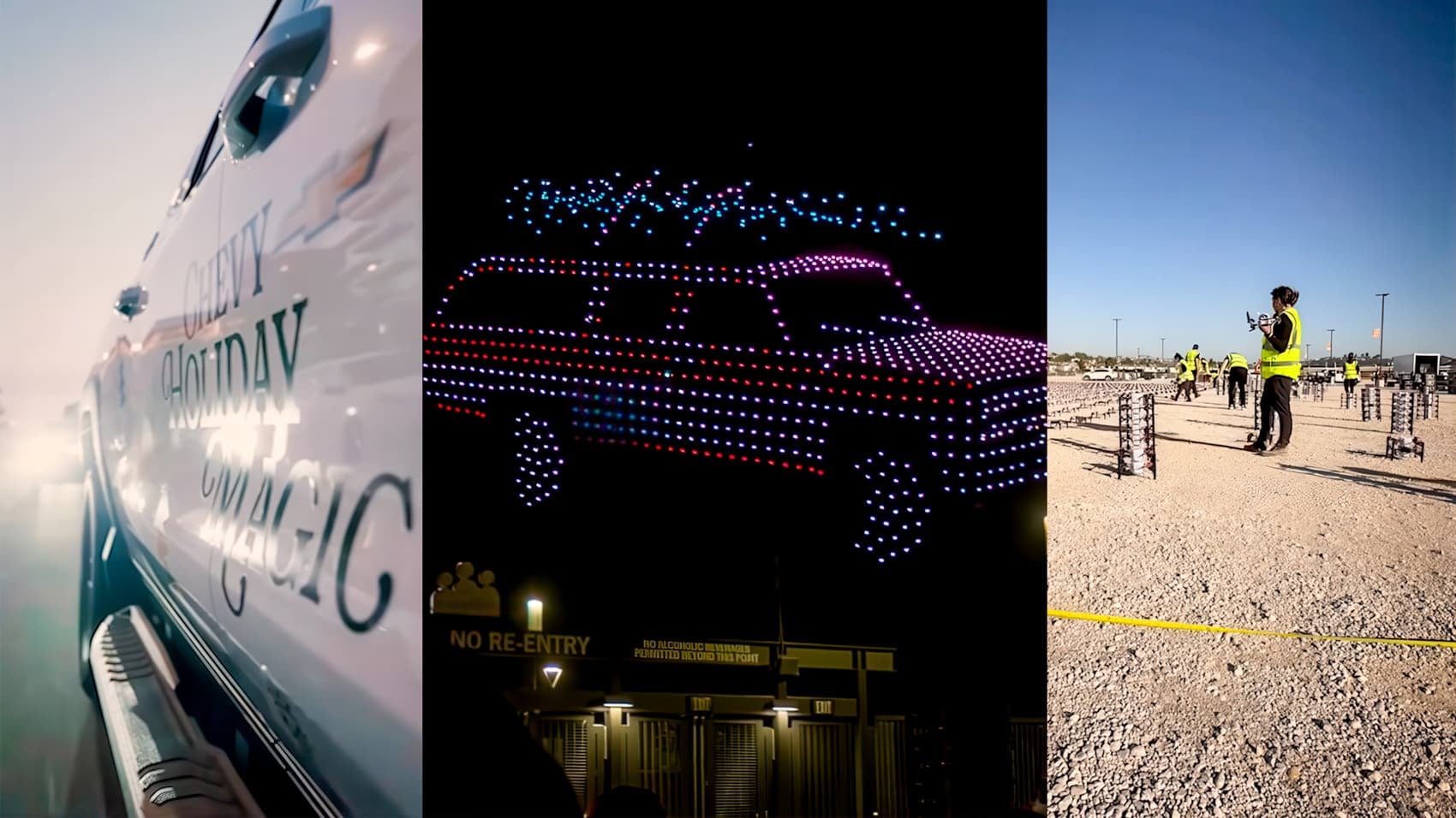 Bright drone shapes from the Chevy tour, visible several blocks from the park.