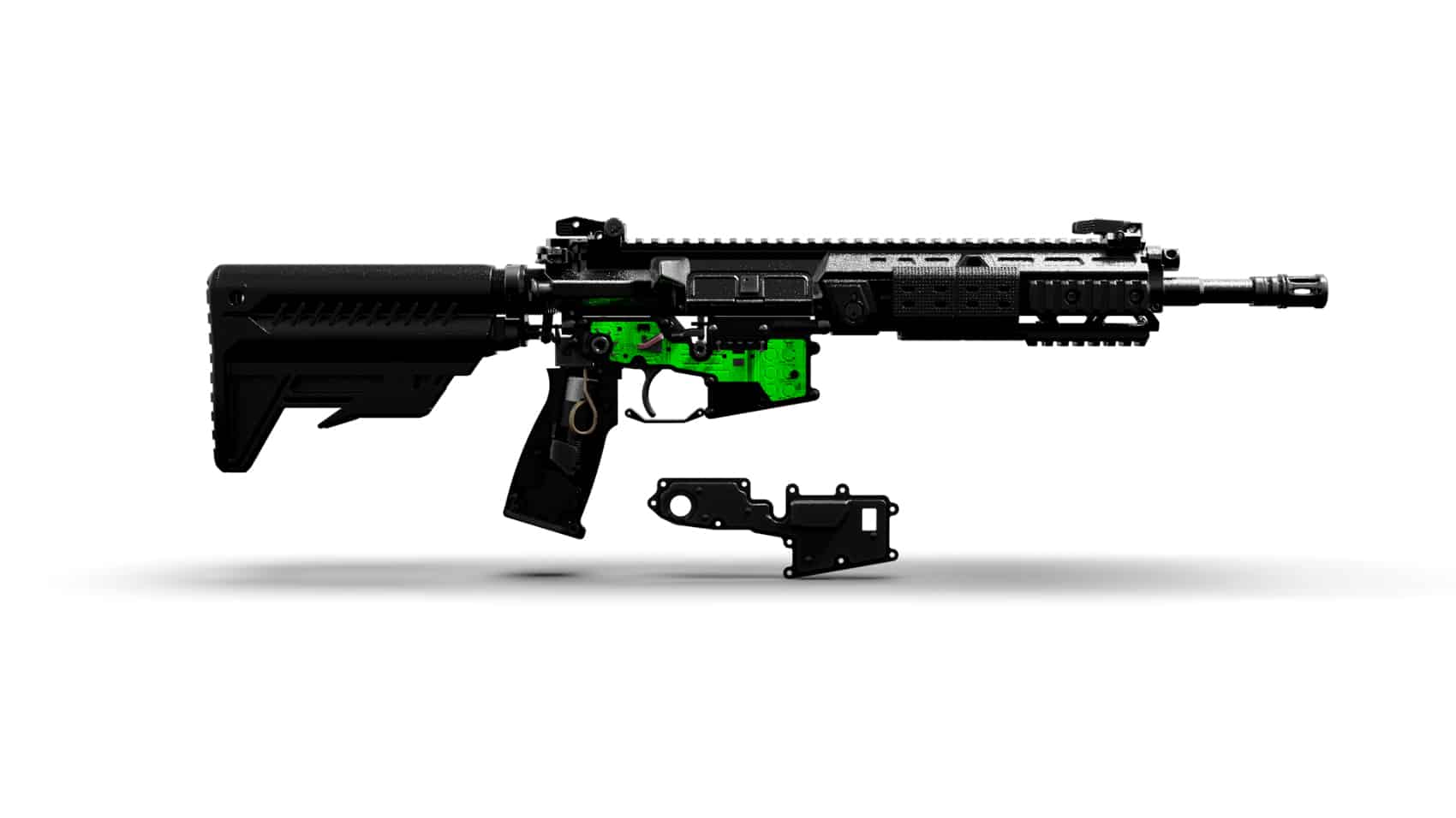 Rifle rendering with the Arbel fire control module highlighted in green.