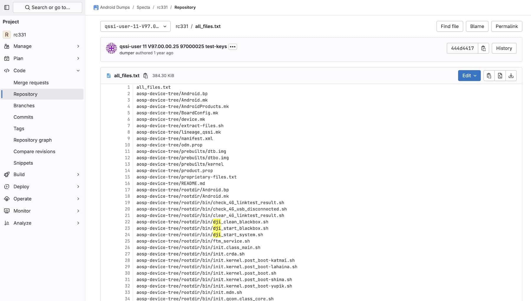 Firmware file listing showing 29 filenames containing DJI inside Specta code.