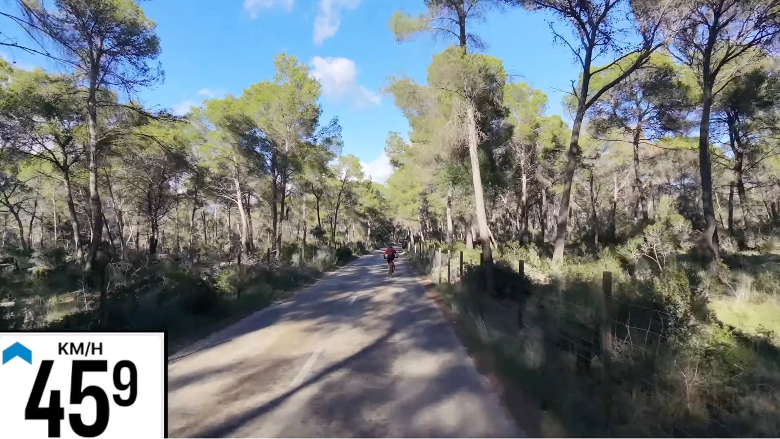 Neo 2 chasing a road cyclist at about 25 mph (40 km/h) on a descent.