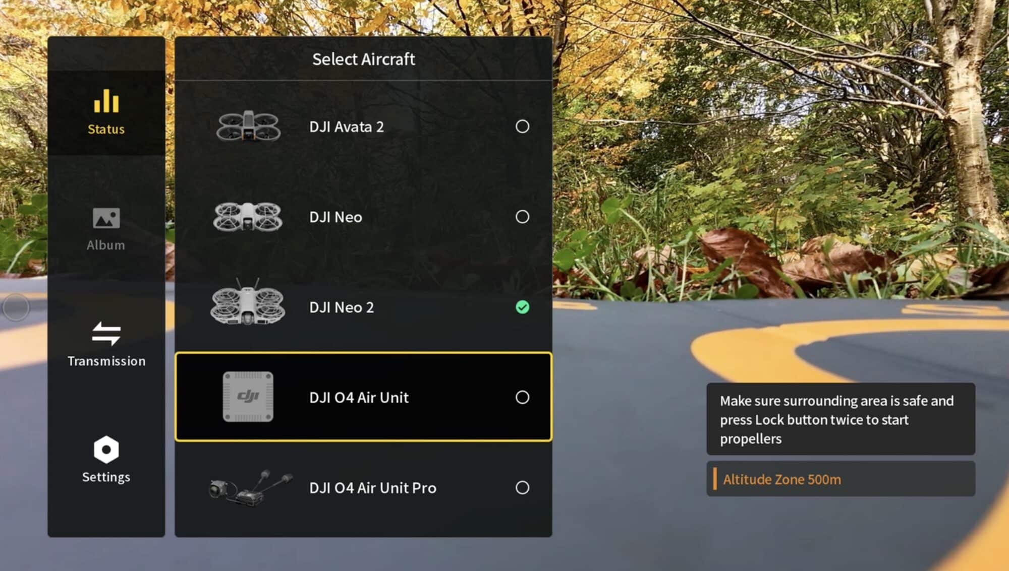 Goggles menu listing aircraft options with DJI Neo 2 selected in green.