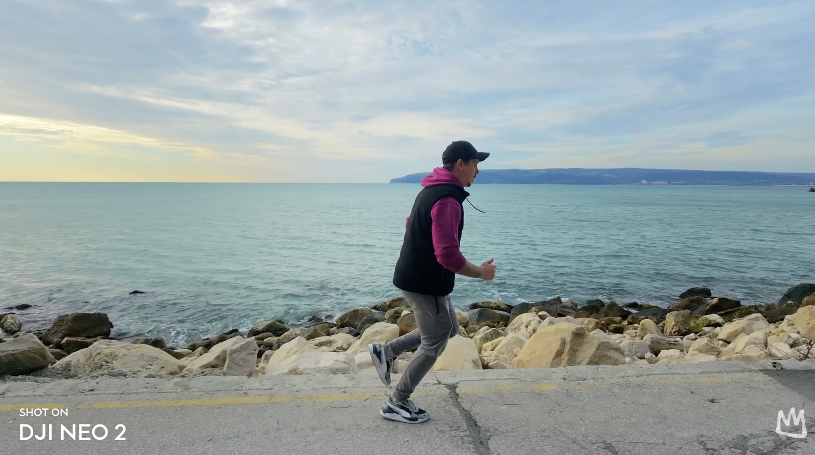 The DJI Neo 2 keeping a running subject centered during an ActiveTrack test.
