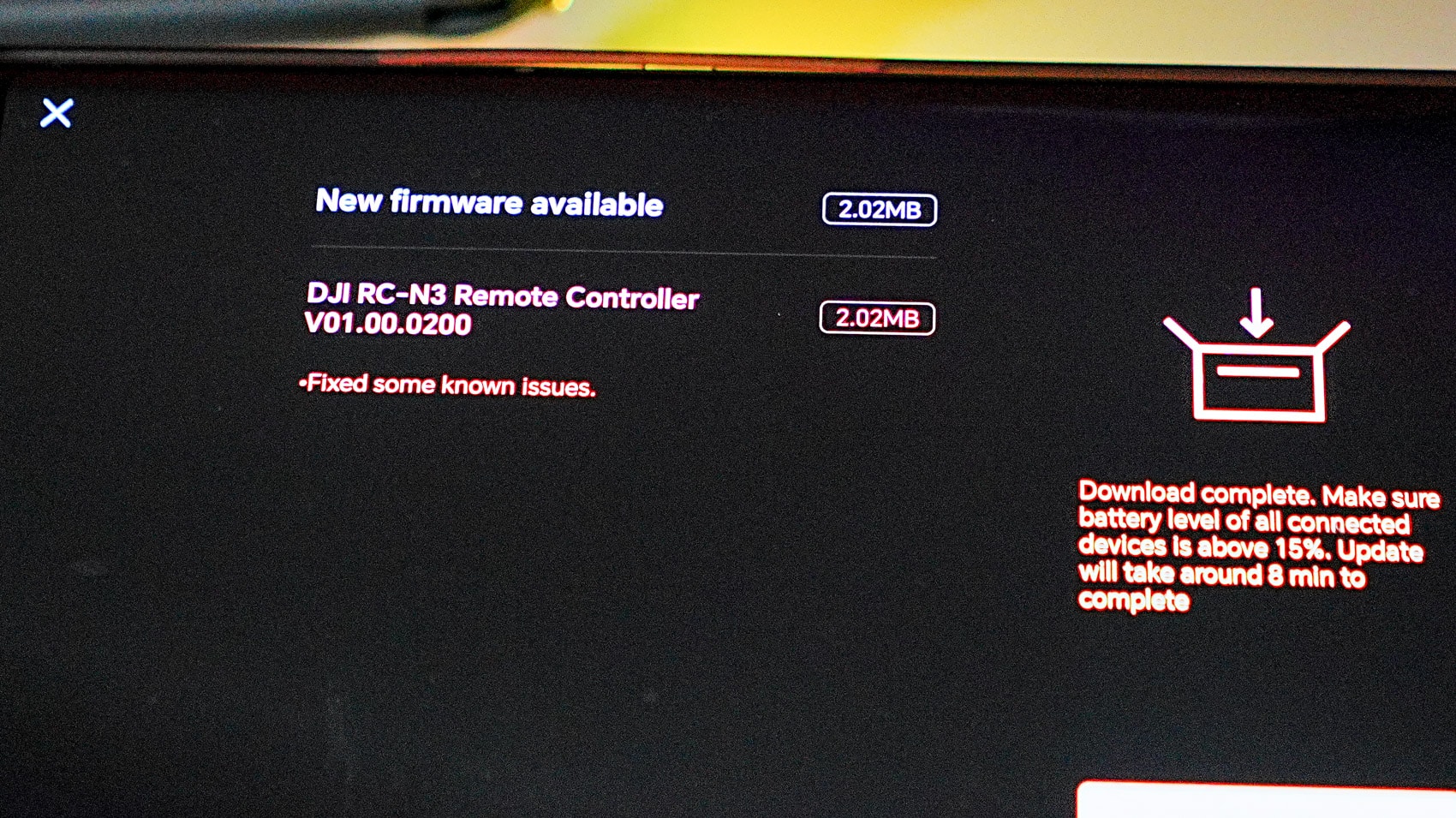 Another firmware update prompt on the RC-N3 after switching back between Neo 2 and Mini 5 Pro.