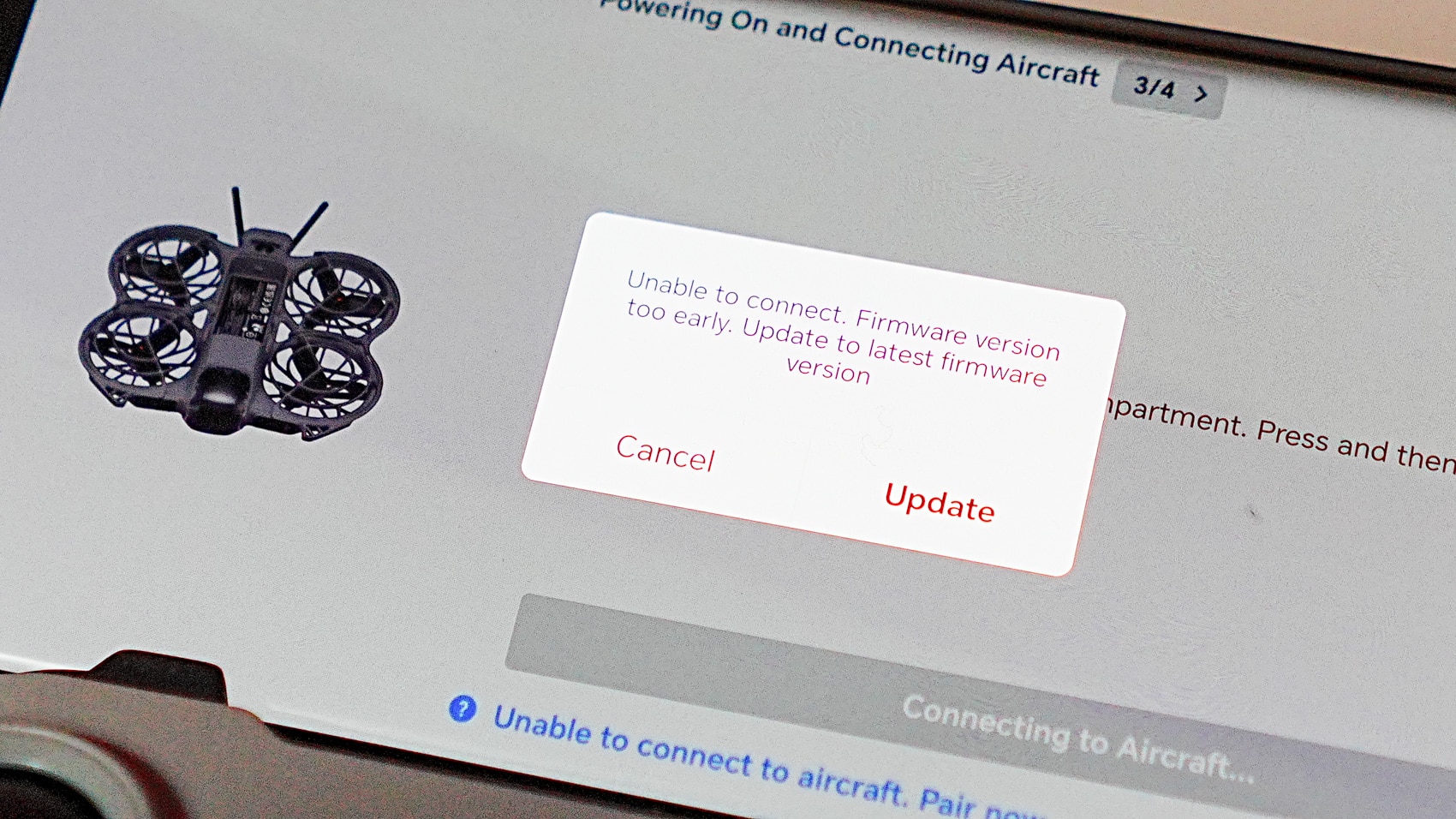The firmware mismatch warning that appears when the RC-N3 meets the other DJI drone.