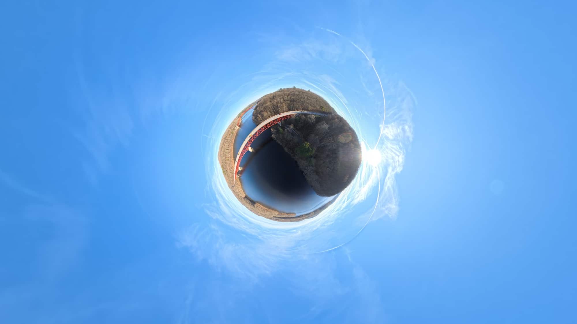 Wide 360-degree frame captured by the A1 in which the drone itself is invisible.
