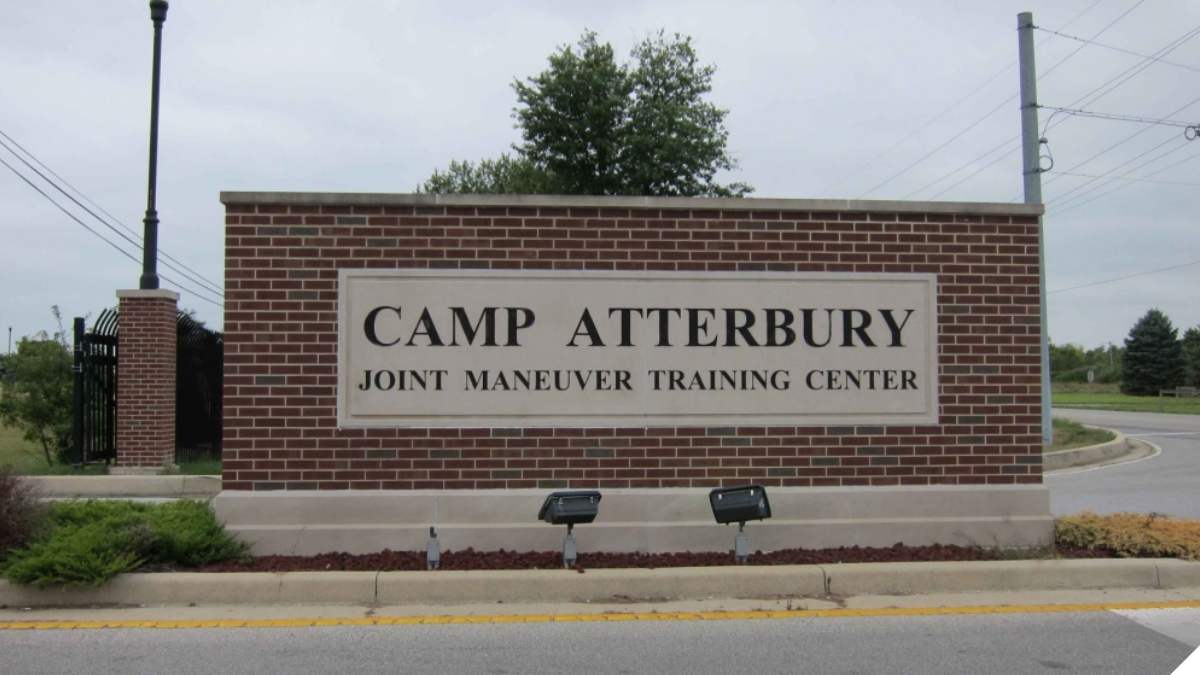 The entrance sign for Camp Atterbury Joint Maneuver Training Center in Indiana.