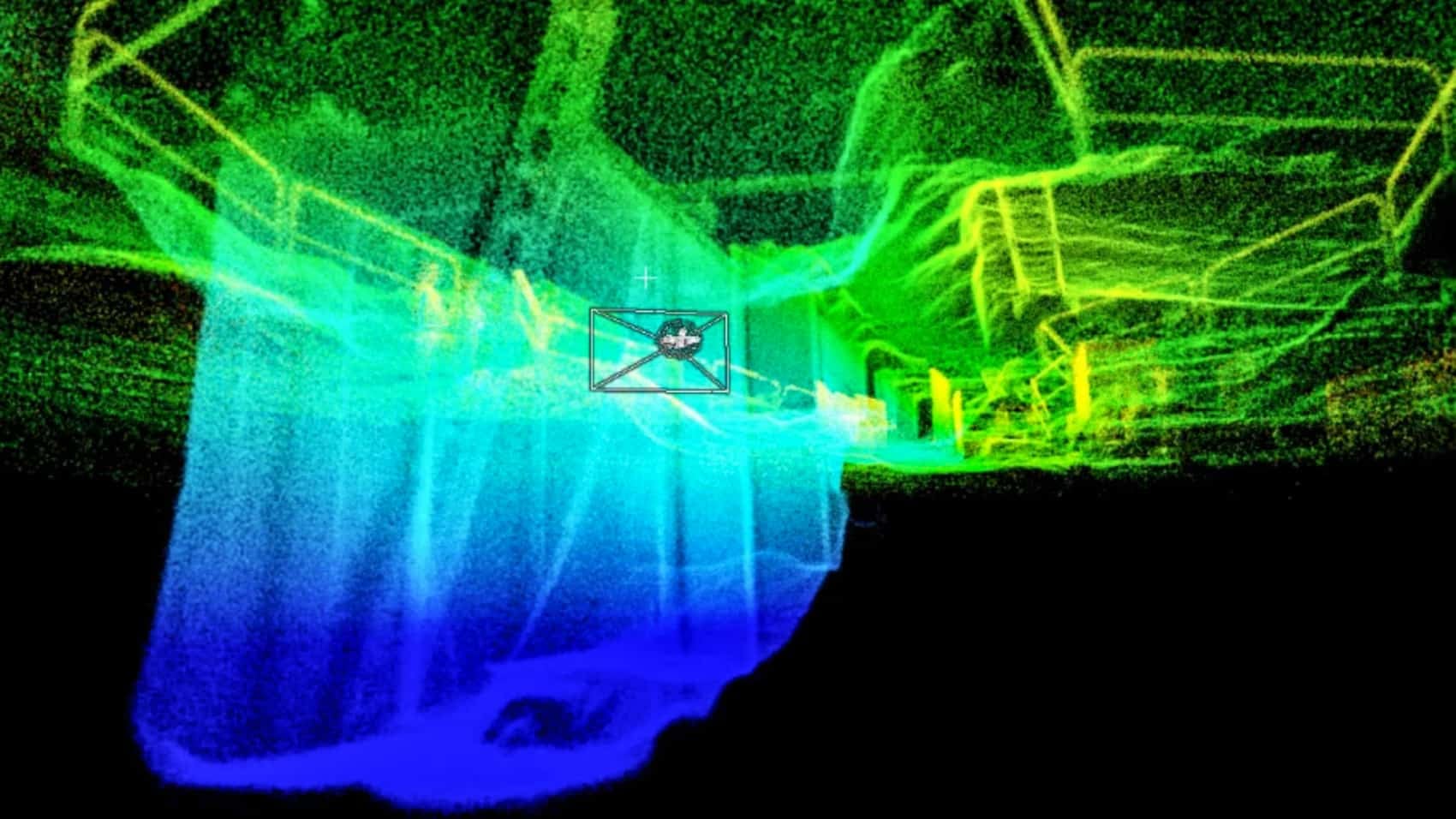 Screenshot of a LiDAR point cloud the Elios 3 builds while scanning a facility.