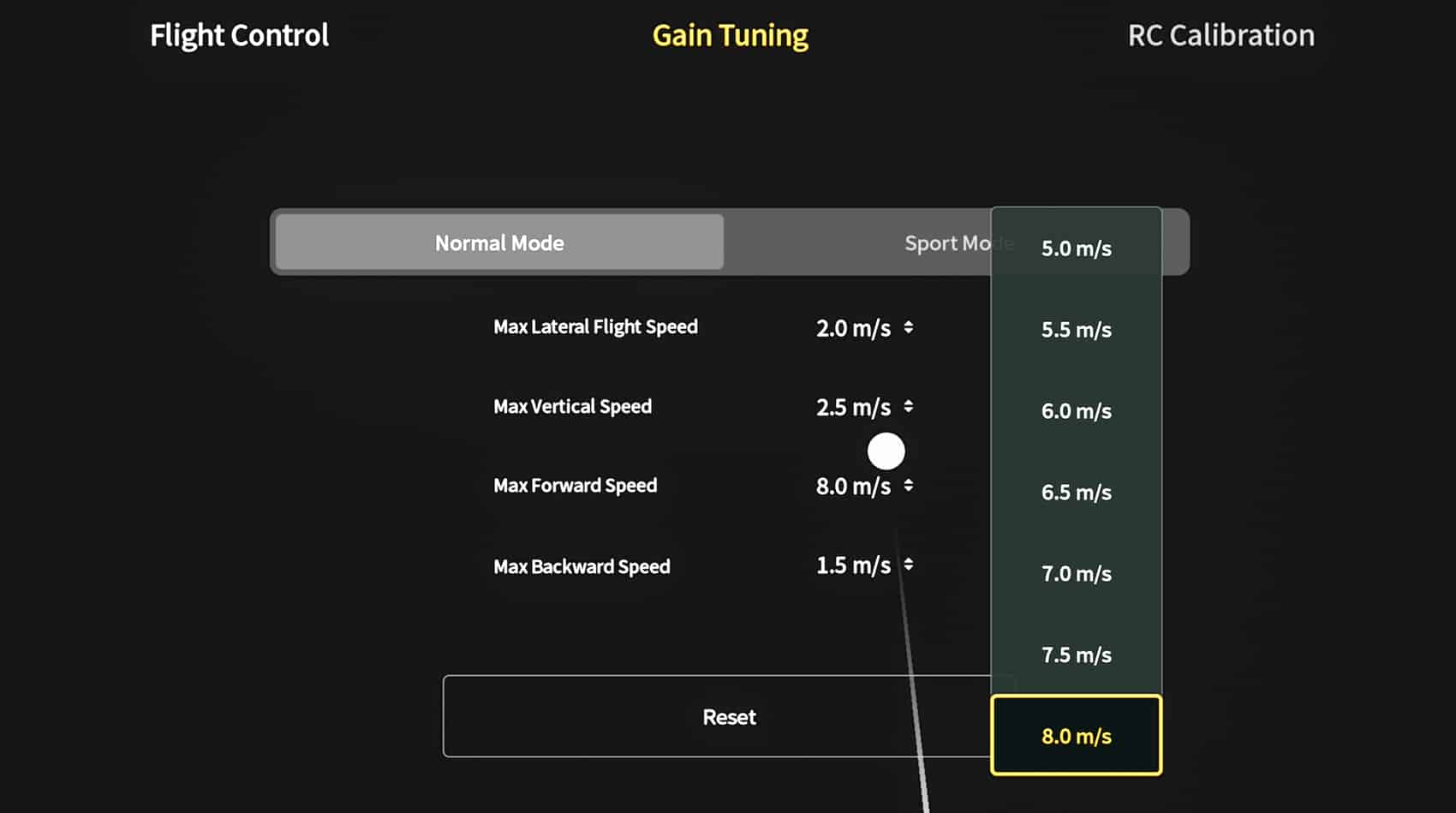 Screenshot of the Neo 2 speed limit set to 18 mph (8 meters per second).