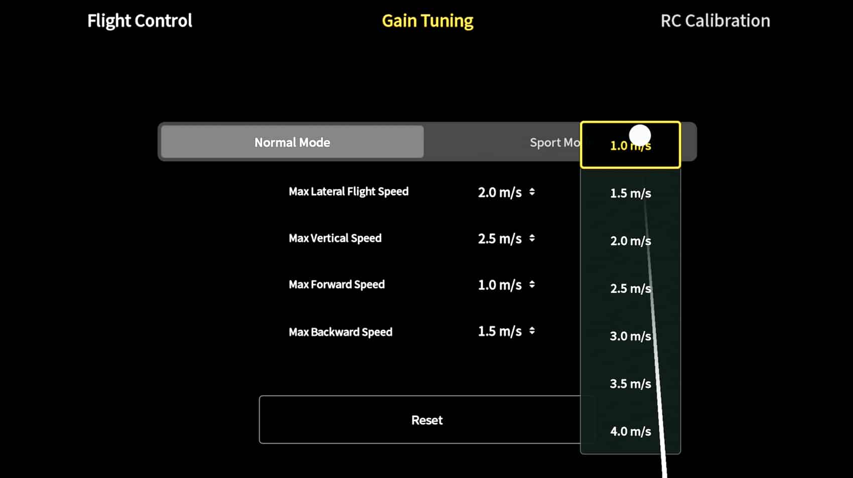 Screenshot of max forward speed dialed down to 2 mph (1 meter per second).