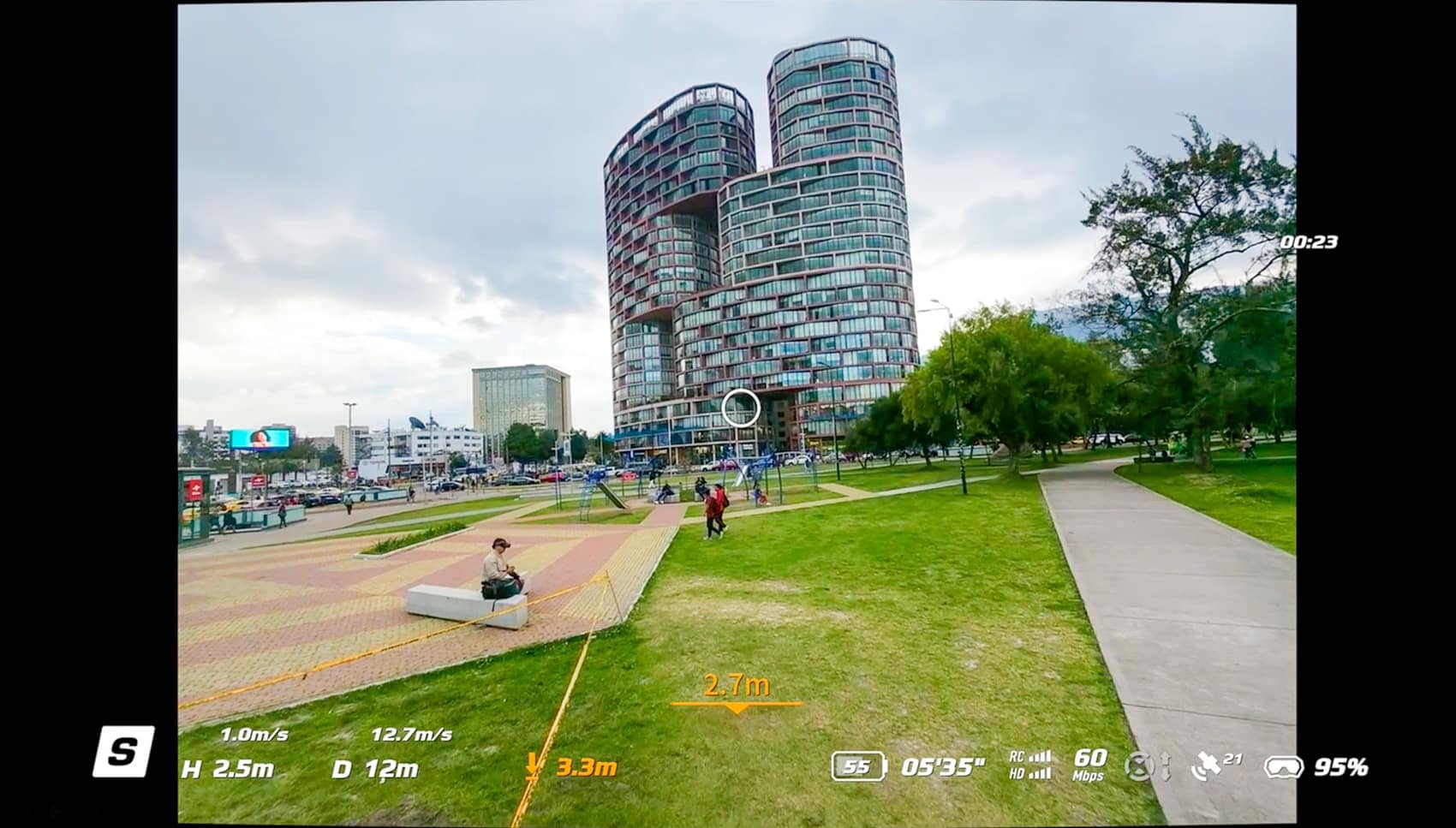 Screenshot of the Neo 2 FPV feed at 28 mph (12.7 meters per second).