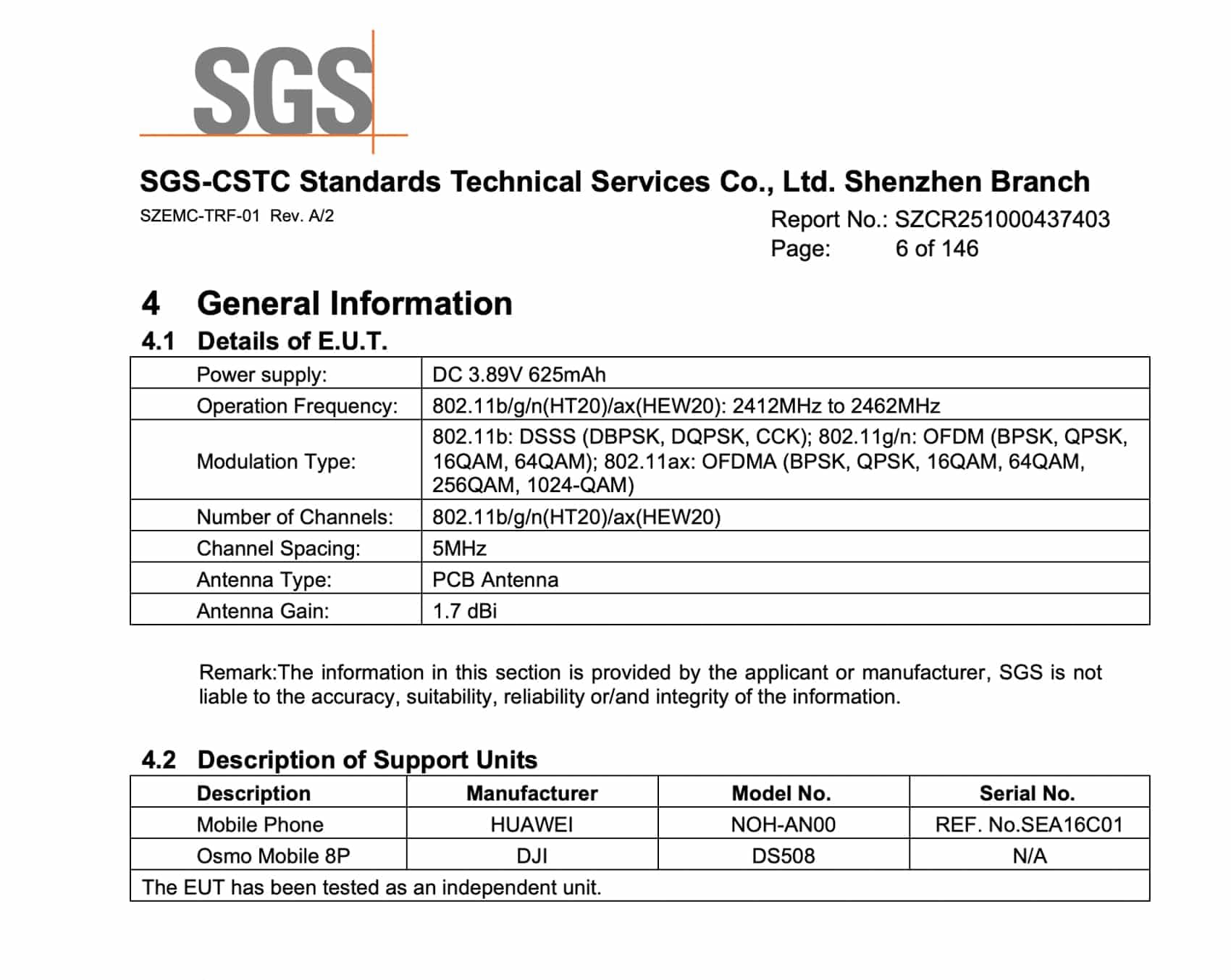 FCC test documents naming the Osmo Mobile 8 Pro among the support units.