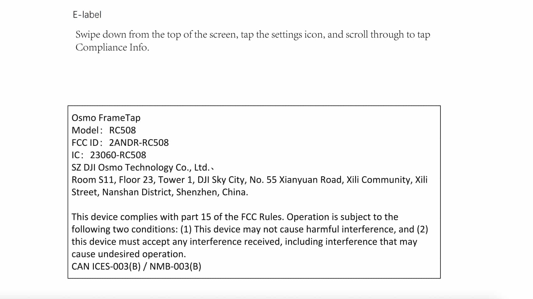 The FCC filing listing the DJI Osmo FrameTap under model number RC508.