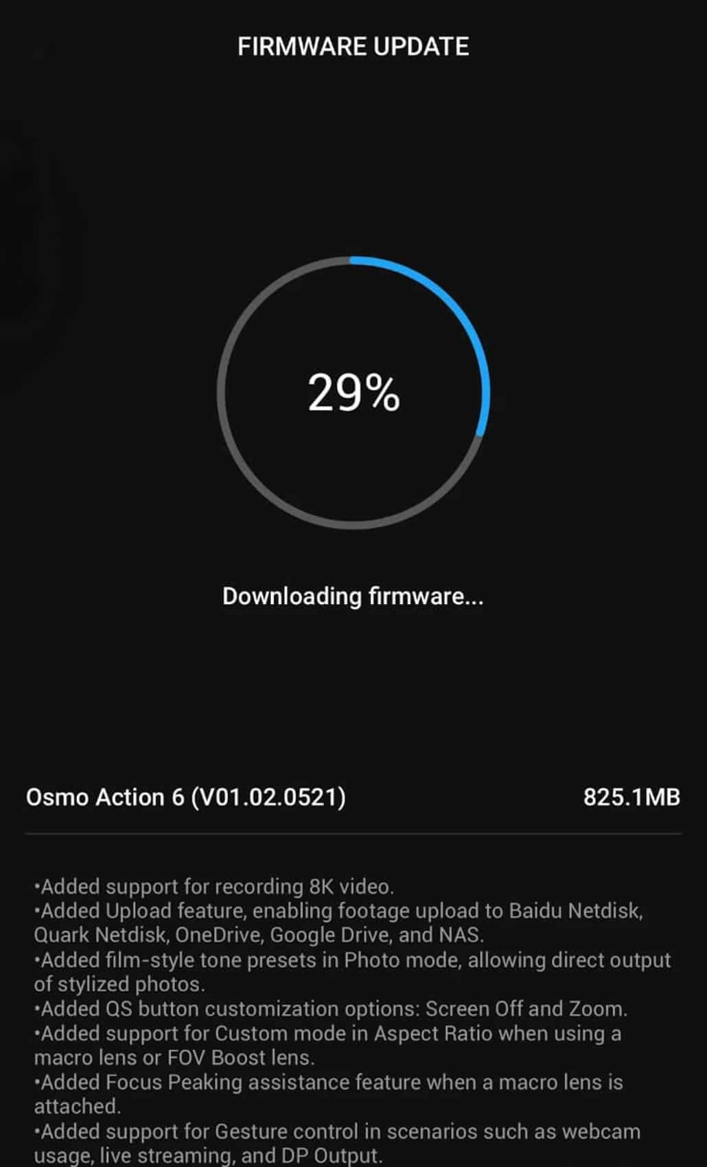 Screenshot of the Osmo Action 6 firmware download at 29 percent with release notes.
