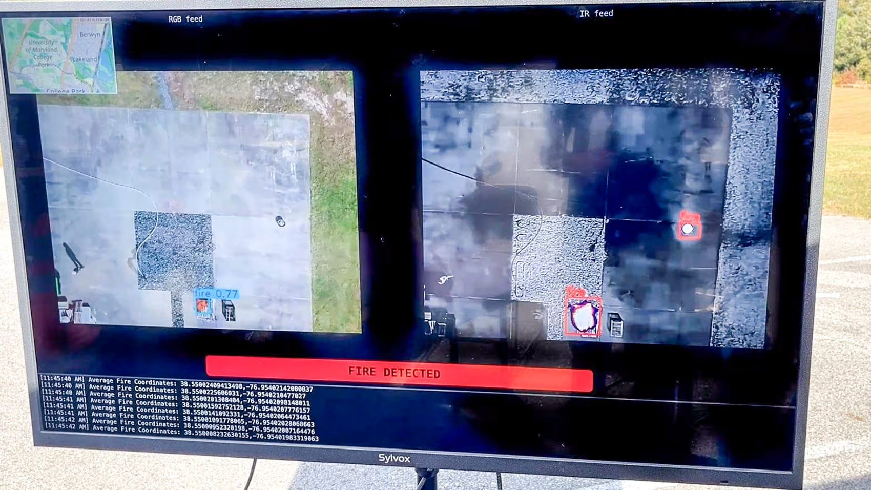Operators watch the monitoring screen as thermal and visual systems agree on a fire.