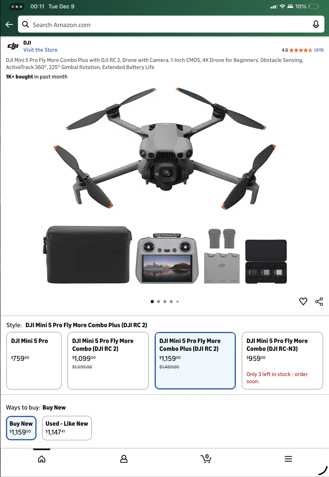 Screenshot of the Amazon listing for the DJI Mini 5 Pro Fly More combos.