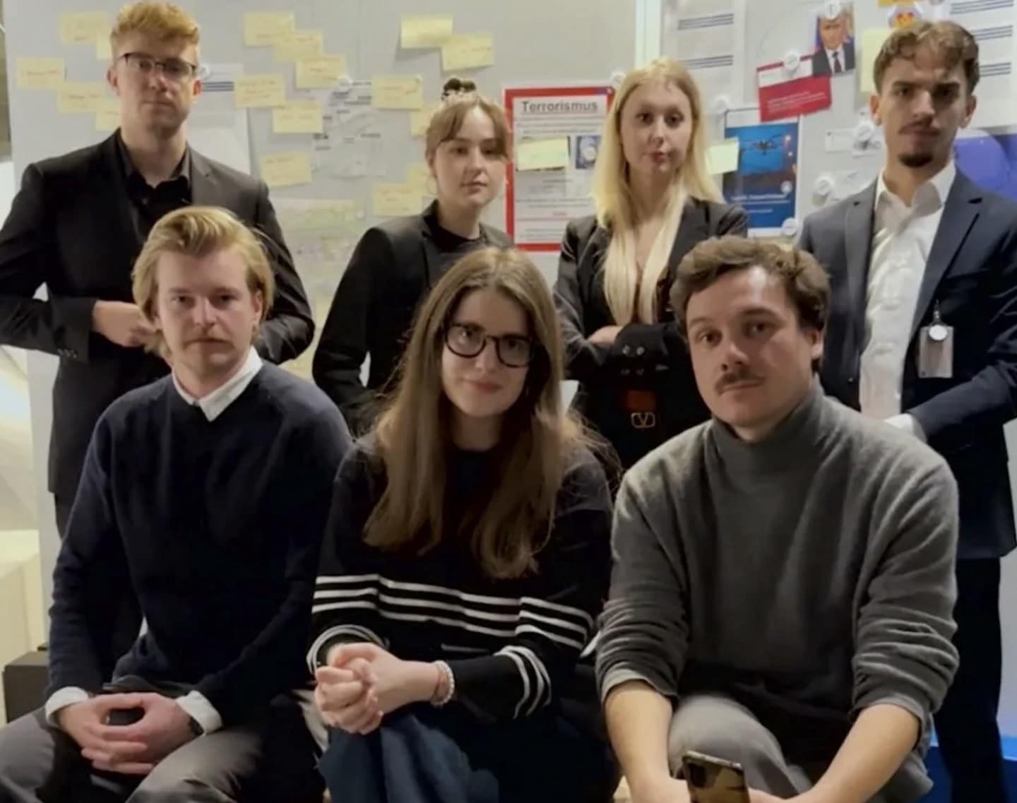 Group portrait of the seven journalism students behind the drone mothership investigation.