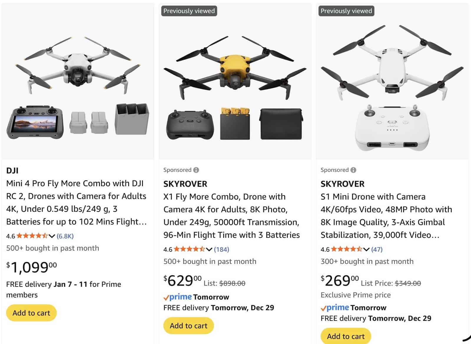 Amazon results comparing a DJI Mini 4 Pro combo with two Skyrover drone listings.