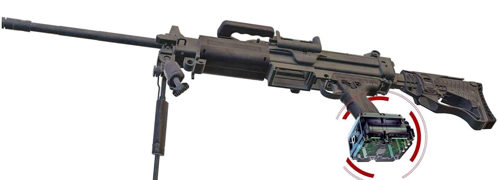 Weapon rendering with a callout circle showing the compact Arbel control unit.