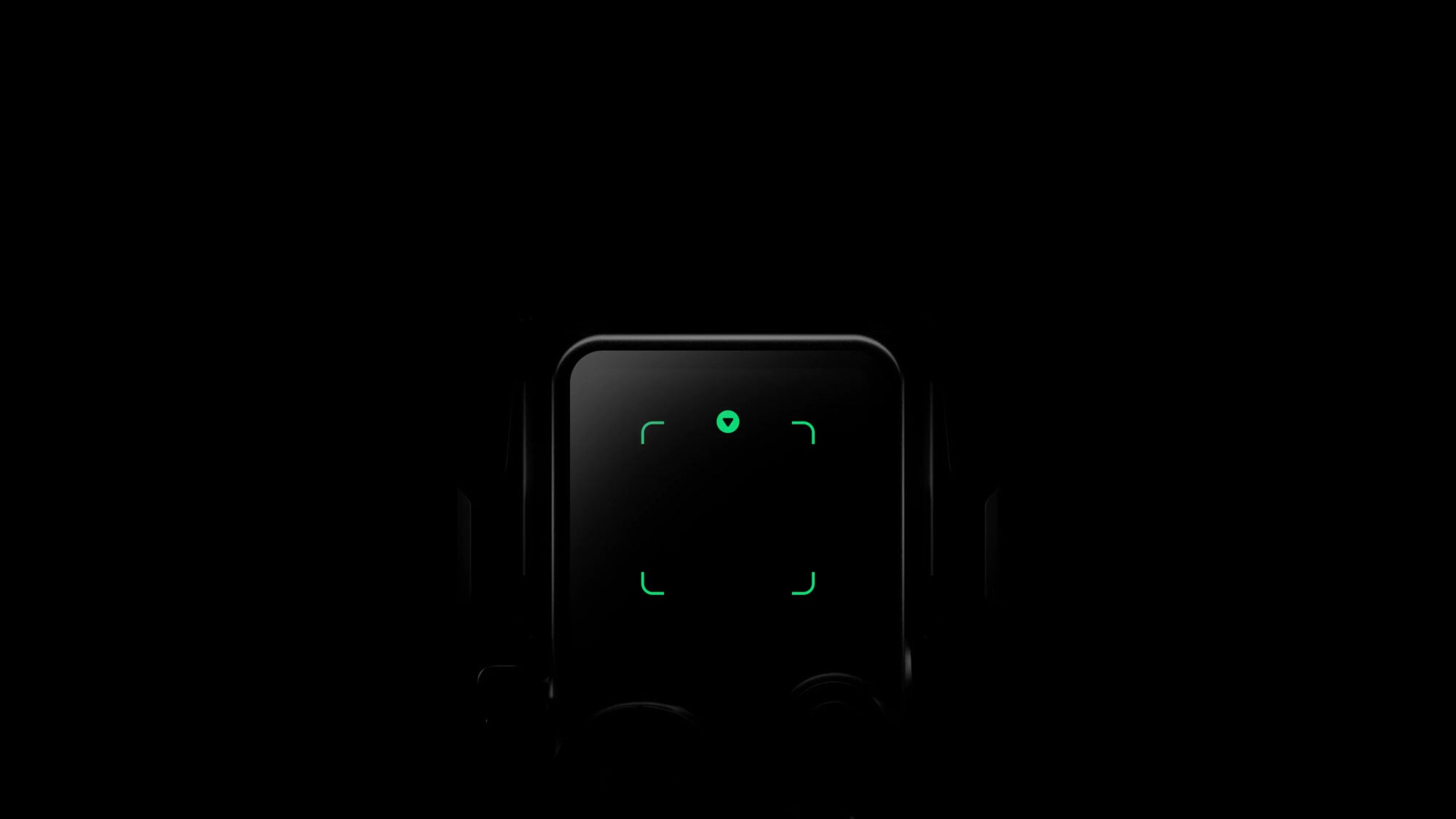 Darkened teaser frame with green tracking brackets glowing on a gimbal touchscreen.