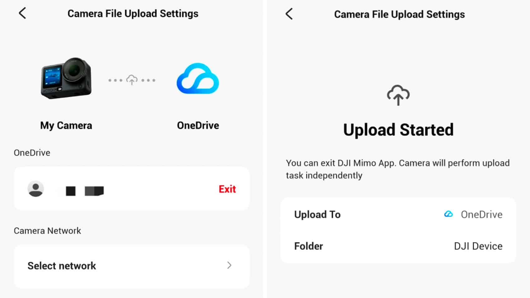 Screenshots of the DJI Mimo camera upload settings connecting to OneDrive and starting.