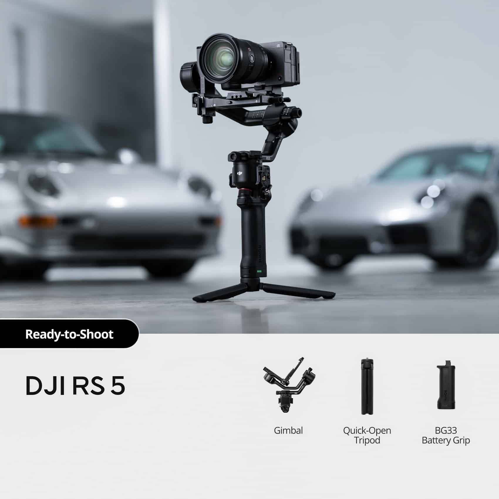 The RS 5 Single kit with BG33 battery grip, quick-release plates and tripod.