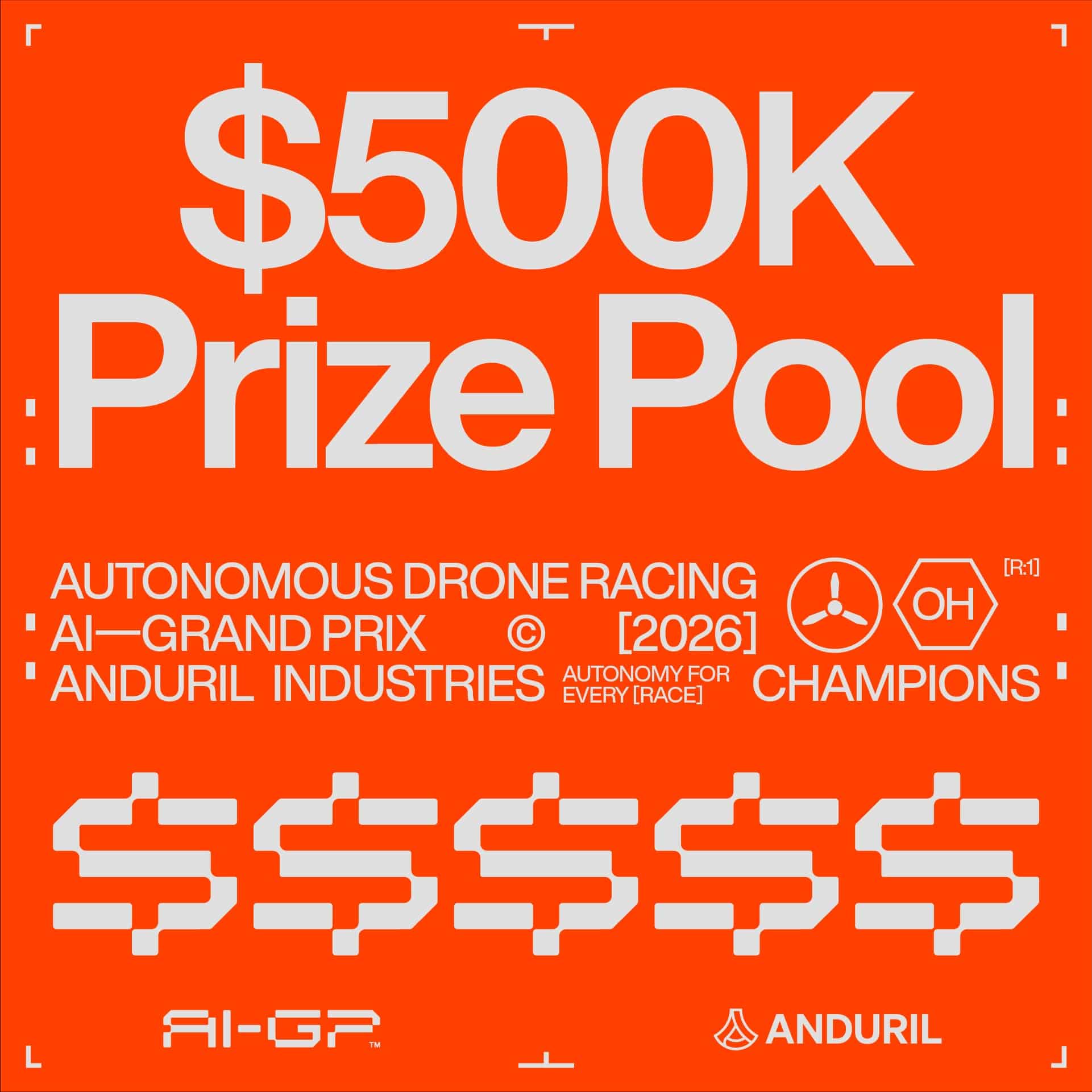 Orange Anduril AI Grand Prix graphic announcing a 500K dollar autonomous drone racing prize pool.