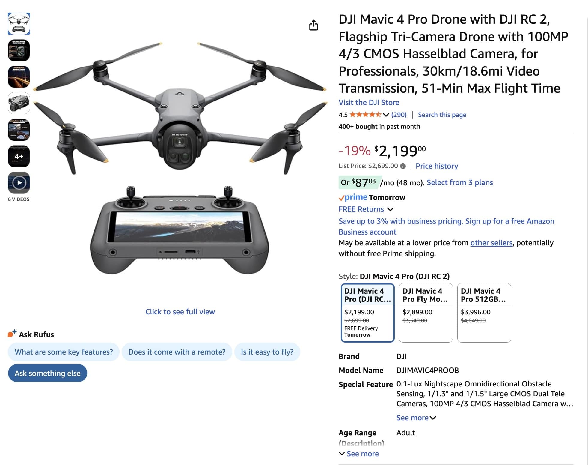 Screenshot of the Amazon listing for the Mavic 4 Pro with RC 2.