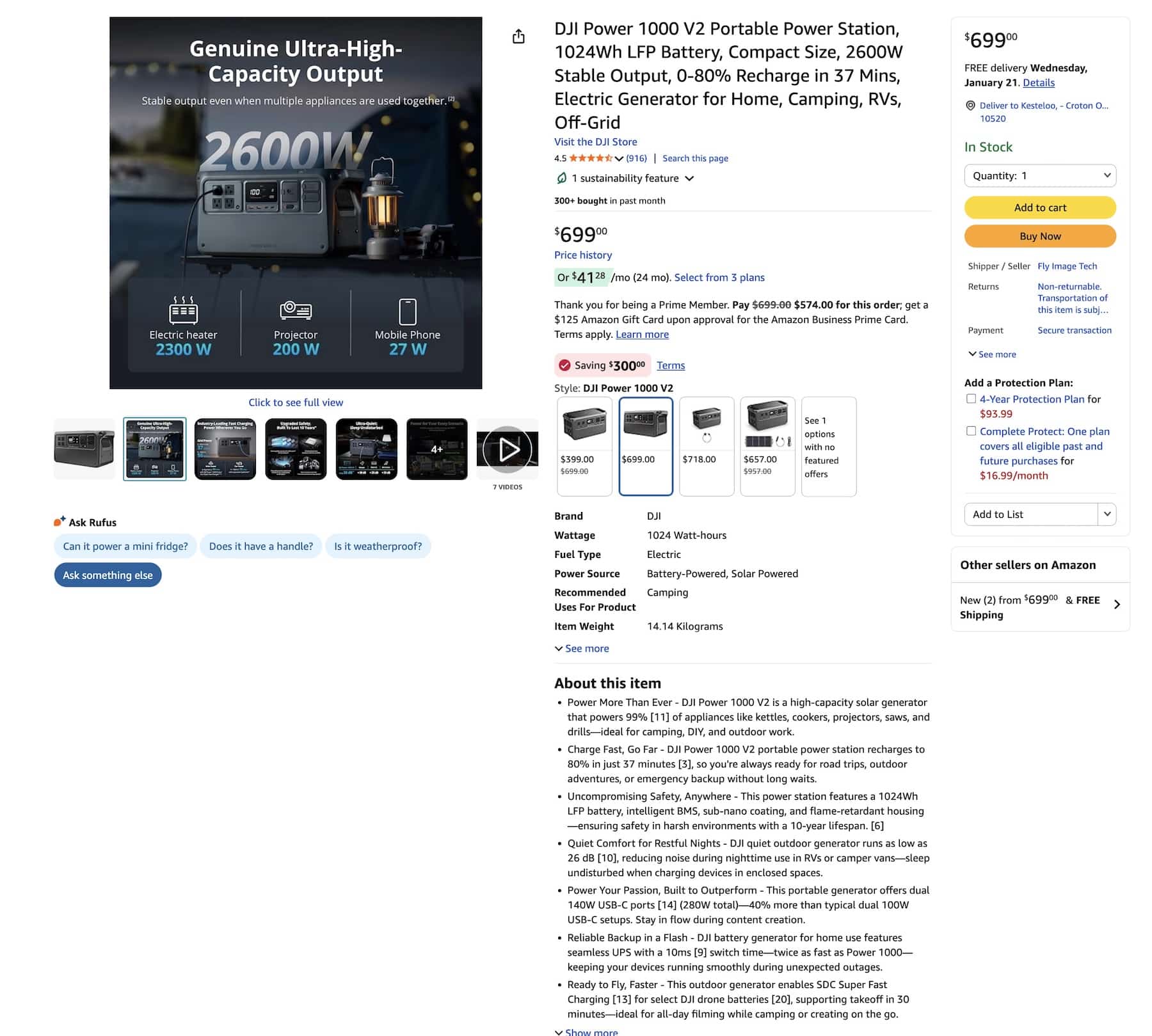 Screenshot of an Amazon listing for a DJI Power 1000 V2 station at $699.