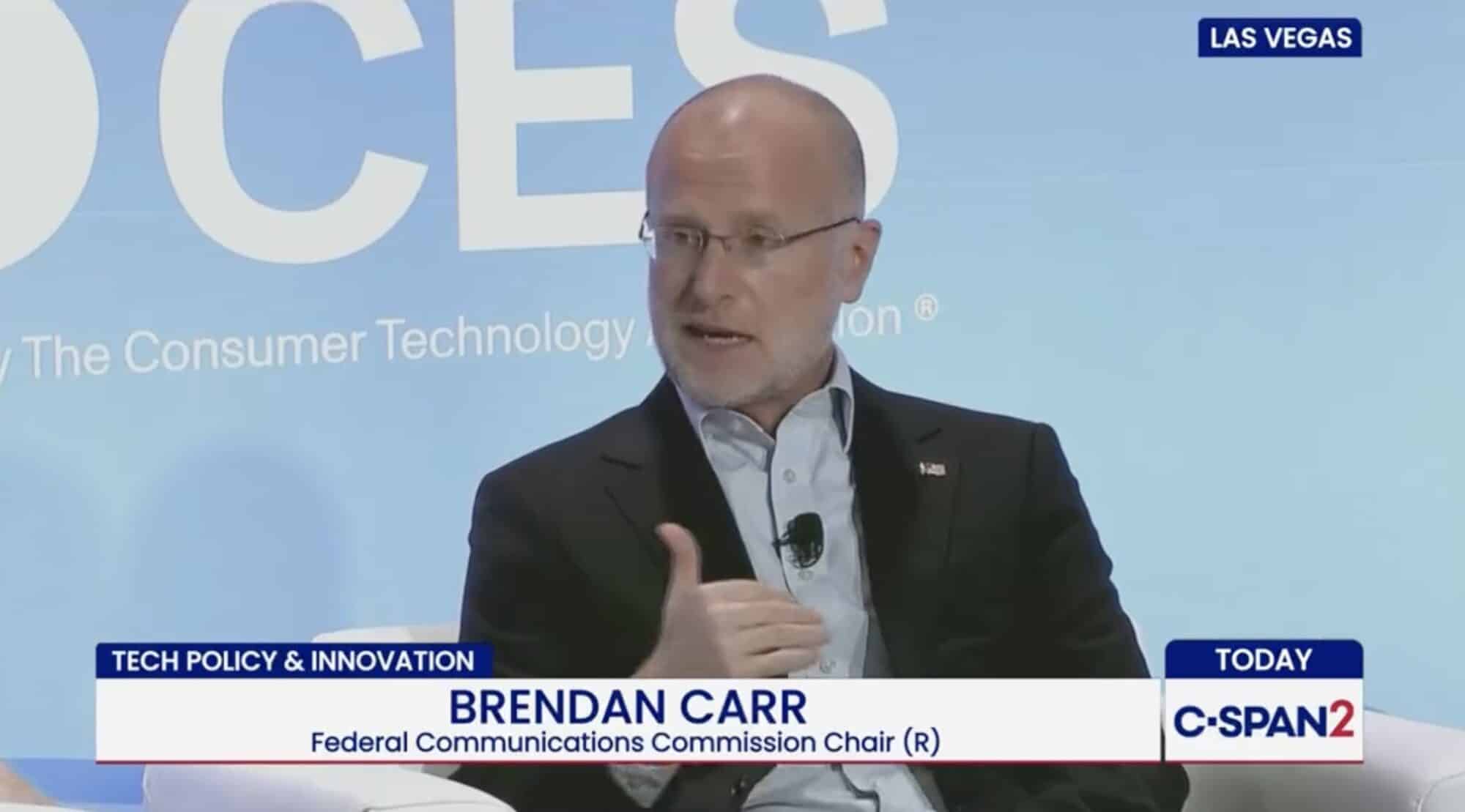 The FCC chairman speaks on a panel in Las Vegas in a C-SPAN broadcast still.