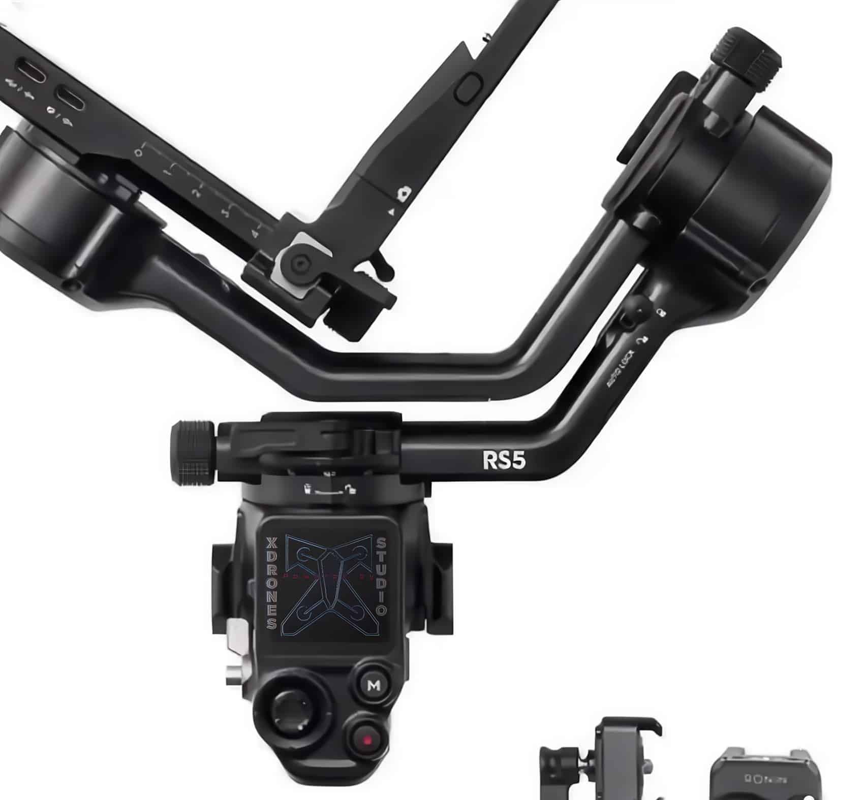 Leaked photo of a DJI RS5 gimbal showing its arms, screen and model marking.