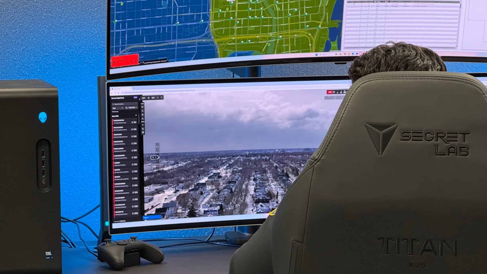 A Skydio X10 on the rooftop launch pad used by Milwaukee's drone team.