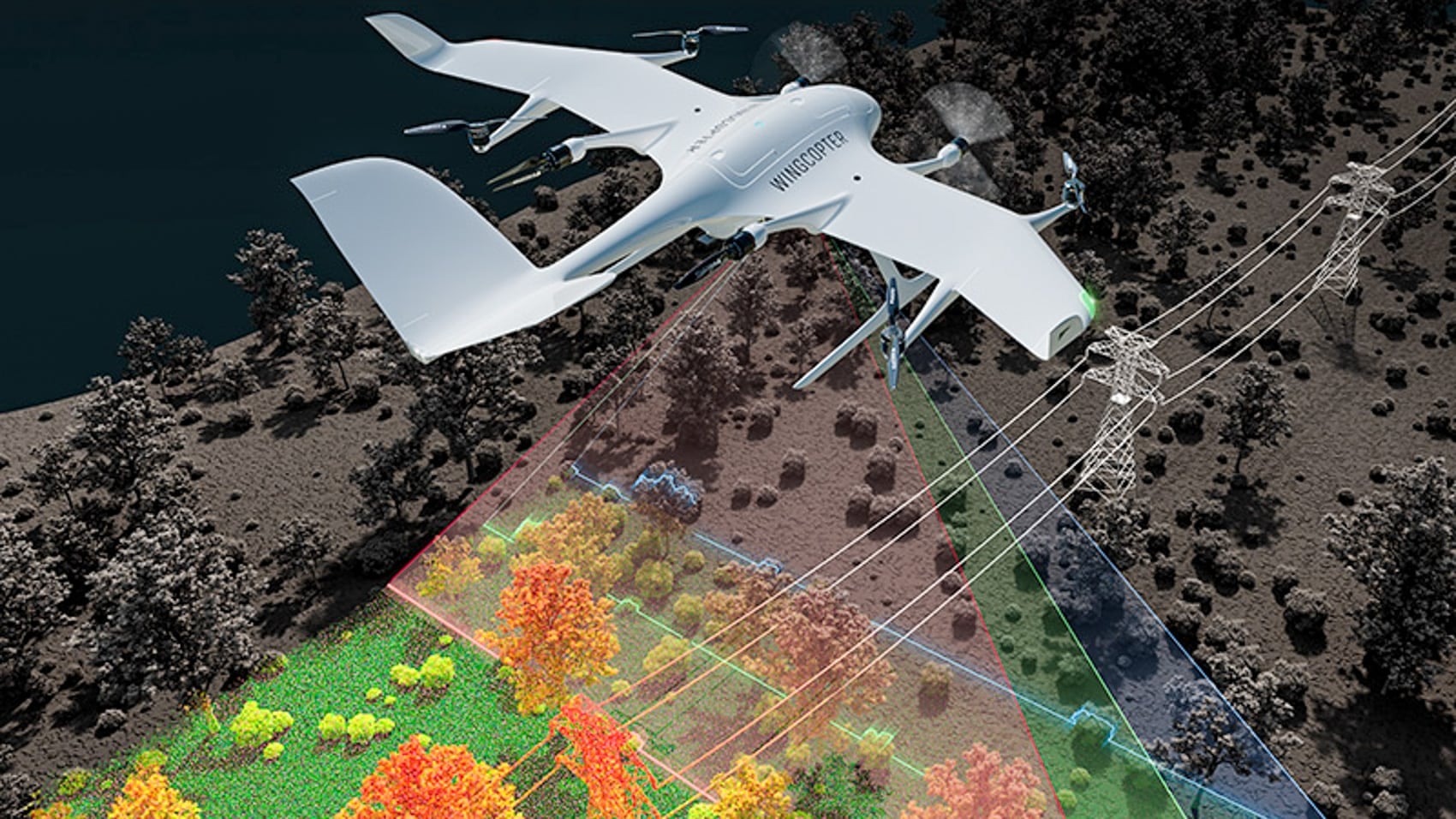 Wingcopter 198 transitioning from vertical takeoff into efficient fixed wing flight.