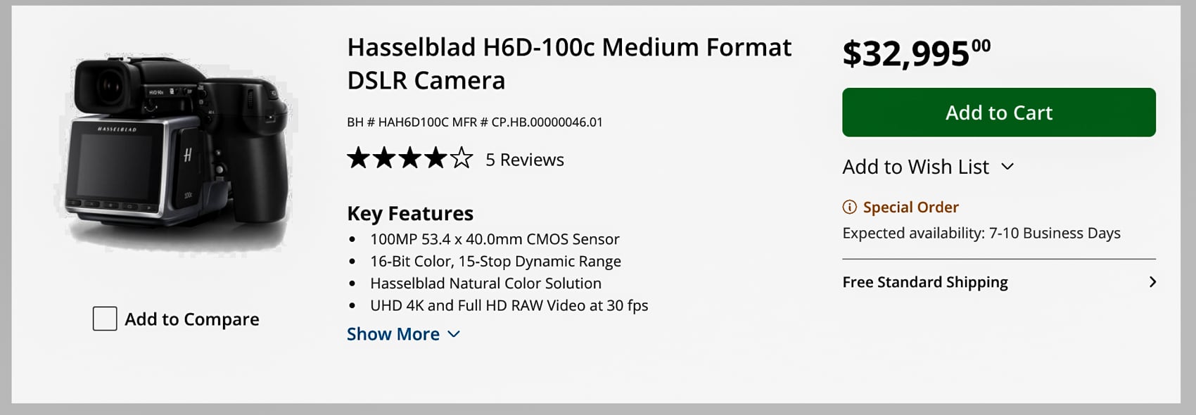 Screenshot of the B and H listing showing what a real Hasselblad costs.