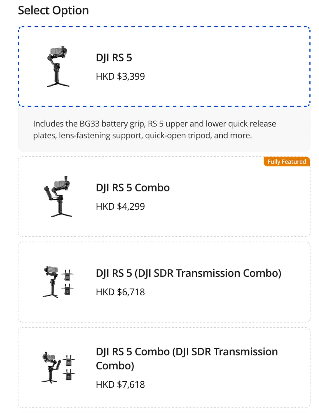 Screenshot of the RS 5 pricing options listed on DJI's Hong Kong website.